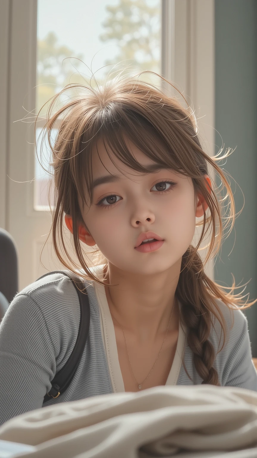 5years of life, brown hair, fair skin, realistic, with long hair stuck in a red bow, light brown eyes, red dress, 8k image, realistic human skin, real child image,
