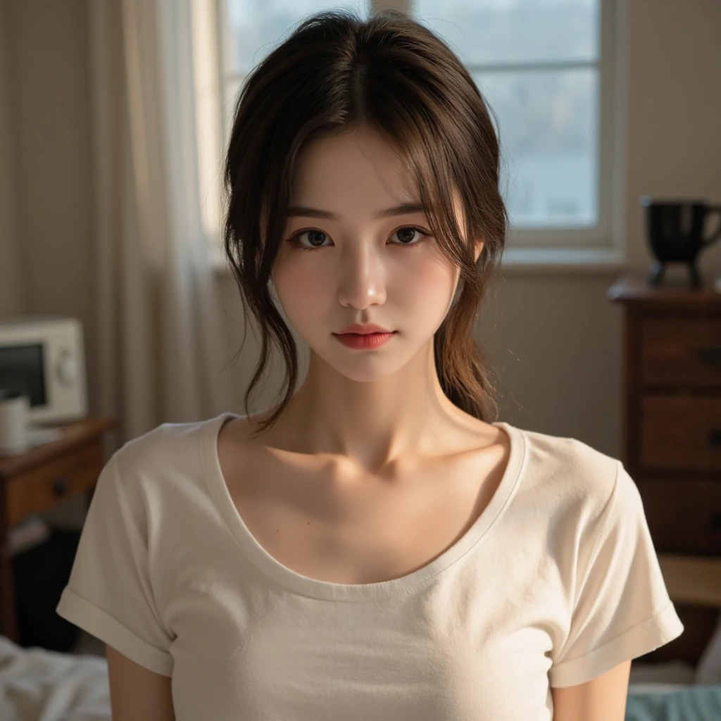 Highest quality、masterpiece、Ultra-high resolution、(Realism:1.4)、1 girl、In a pale background、Deep Shadow、Low Key、Shortcuts、Upper Body、sex appeal、Wearing a T-shirt