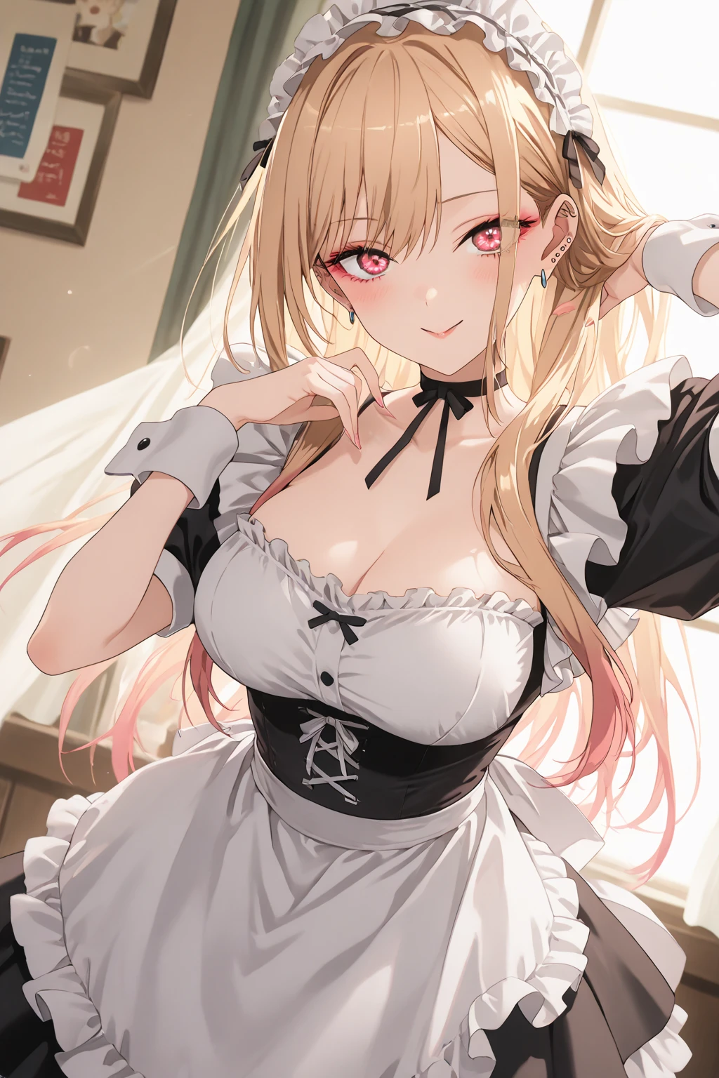 masterpiece, highly detailed, highest quality, high resolution, super precise, (1 girl), simple black French maid dress, white apron, semi-opaque stockings, flawless skin, silky golden blonde hair tied up into a messy bun, soft and cute facial features, plump pink lips, 18 year old teenager, tall height(190cm), long slender legs and curvy hips that flare out enticingly on a pear shaped body, cowboy shot, olive-brown eyes, cat ears and tail, very small breasts