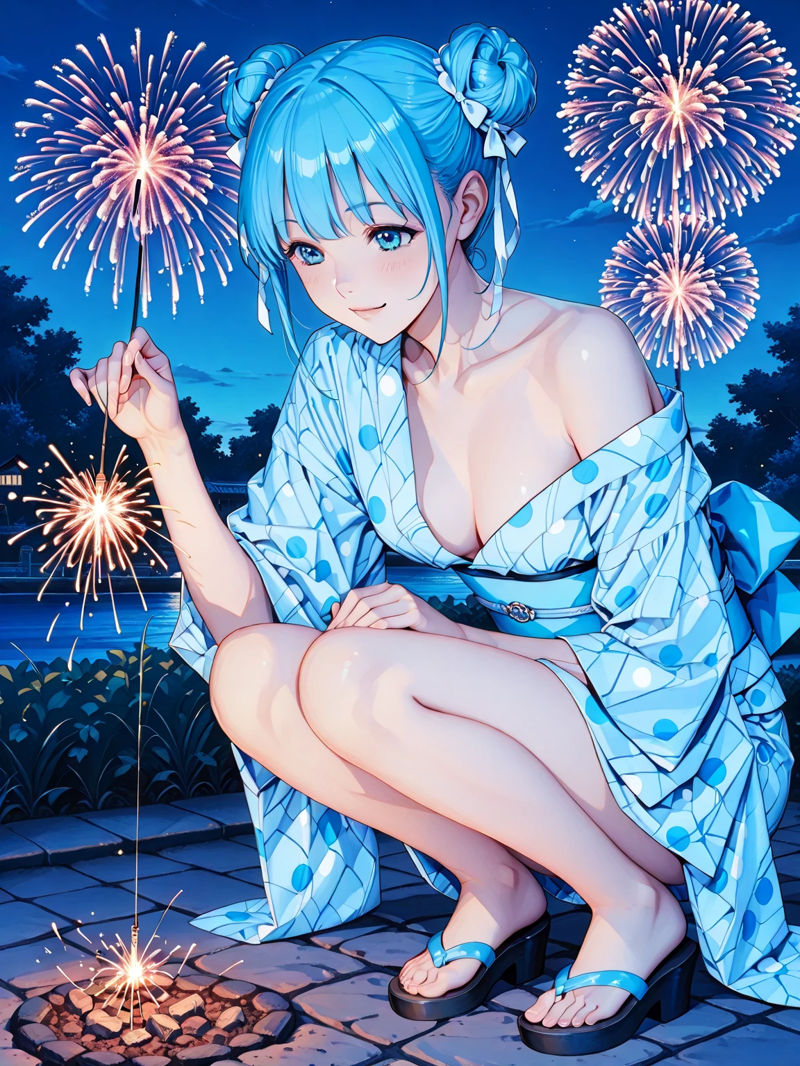 (nsfw), (masterpiece, Highest quality, 8K ultra-high resolution:1.4), 14yo, kawaii, nsfw, Pokemon Riko, Down blouse, , (Navy blue frilly yukata, Frilled underwear, night: 1.4), (Summer festival), ((turn around)), Beautiful Eyes,Flash photography, Backlight,  ((Spread your legs)), (The best smile:1.4), (Show your palm to the camera), (Beckon), Written boundary depth, Dramatic portrayal, (Colorful fireworks background), Focus of the film, , Emotional composition, Emotional engine full throttle BREAK Young and cute, Slender body, Flat Chest, Highly detailed glossy skin,Sweat,  完璧なPokemon Riko
, Wind, detailed in the Wind, petals dancing in the Wind
BREAK
ultra detailed crystal eyes, Eyes like shining jewels