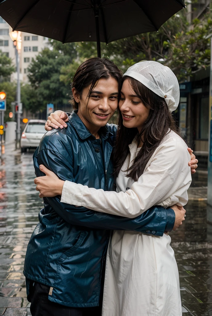 a couple, man and woman, rain, real skin texture,