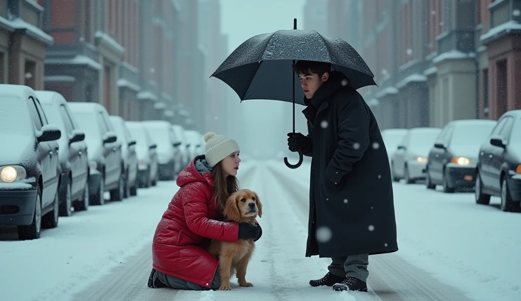 Old dog abandoned , black dog, snow fall, swing , park, Teenage boy with a old dog , hug a dog
