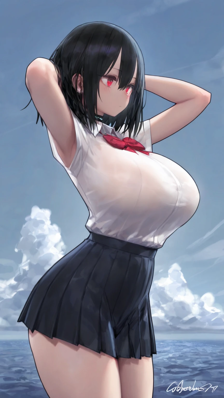 Ultra-precise and ultra-detailed hyper kawaii anime style illustrations,
Big tits that look like they're about to burst, breasts so big they're about to rip the blouse, blouse buttons broken and flying in the air, surprised faces, reddened faces, panicked faces,
Blouse and pleated skirt, like an athlete,
Black-short-hair,big breasts,sweat,