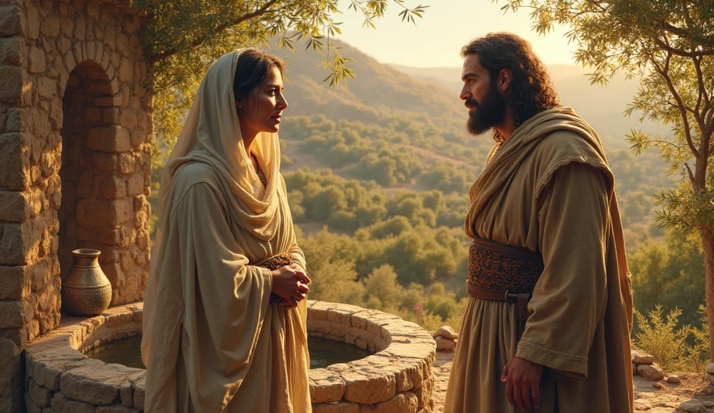 (best quality: 1.4), (Ultra Highres: 1.2), (photorealistic: 1.4), (8k, RAW photo: 1.2). The description of the Samaritan woman's physical appearance is not detailed in the biblical narrative, but her Samaritan origin suggests that she likely had similar characteristics to other people in the region. Without historical-cultural context, the story of the Samaritan woman. talking to a rustic-looking man in front of his house,