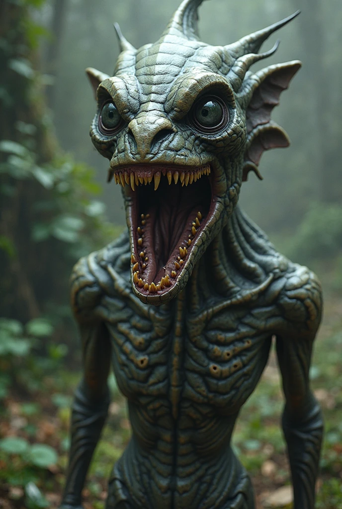 score_9, score_8_up, score_7_up, photo, realistic, solo, (alien;1.2), grey skin, humanoid body, scales, (three eyes:1.2), snout, sharp tooth, horn. (cute:1.2), standing, (humanoid:1.2), portrait, side view