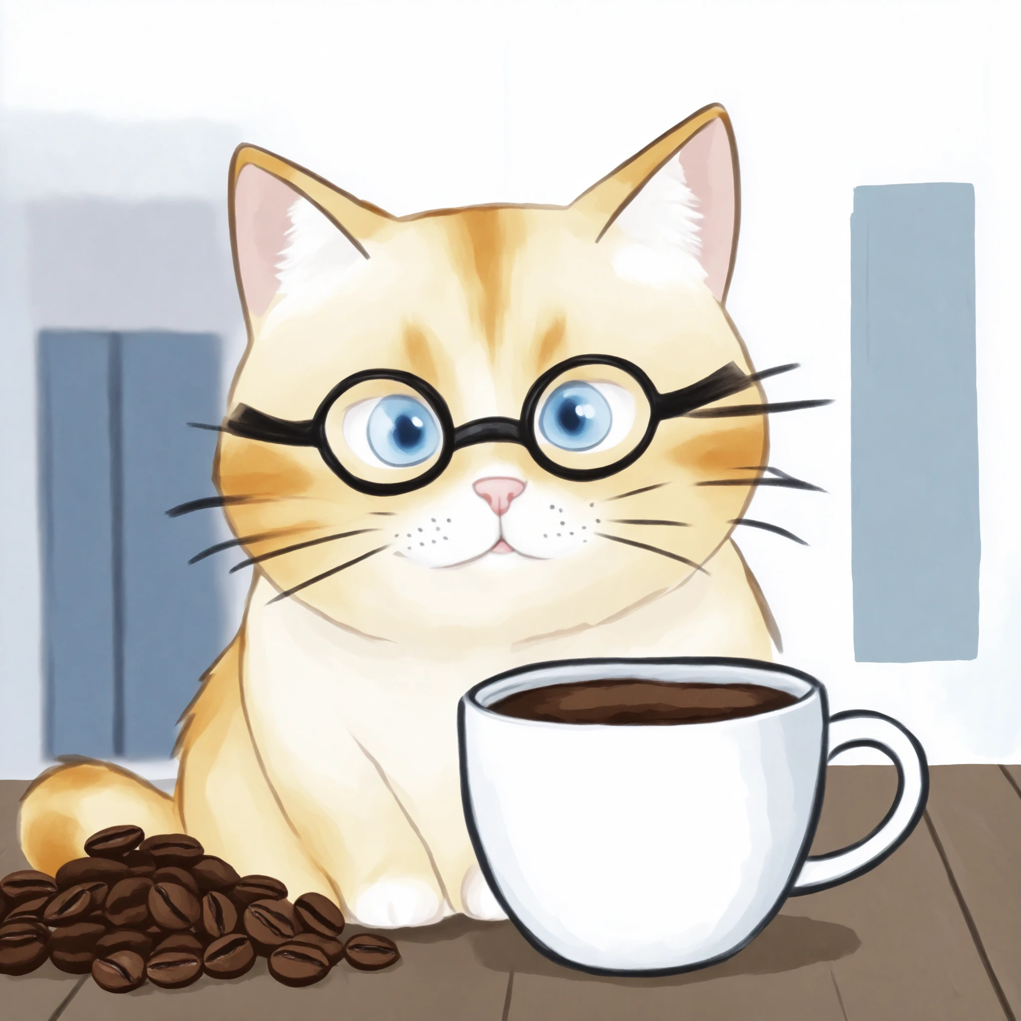 fat yellow cat with spec on eyes and hold coffee mug. empty background