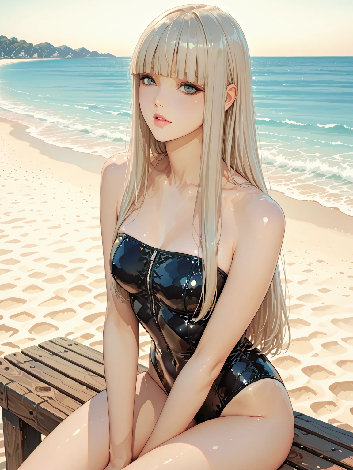 Anime girl in bikini with cat ears standing on the beach, Gweitz, perfect Gray-haired girl, Gweitz masterpiece, Gray-haired, Enchanting anime girl, artwork in the style of Gweitz, , Beautiful and attractive anime teen, Beautiful Anime girl, Beautiful Anime, Gweitz on pixiv artstation,Butt