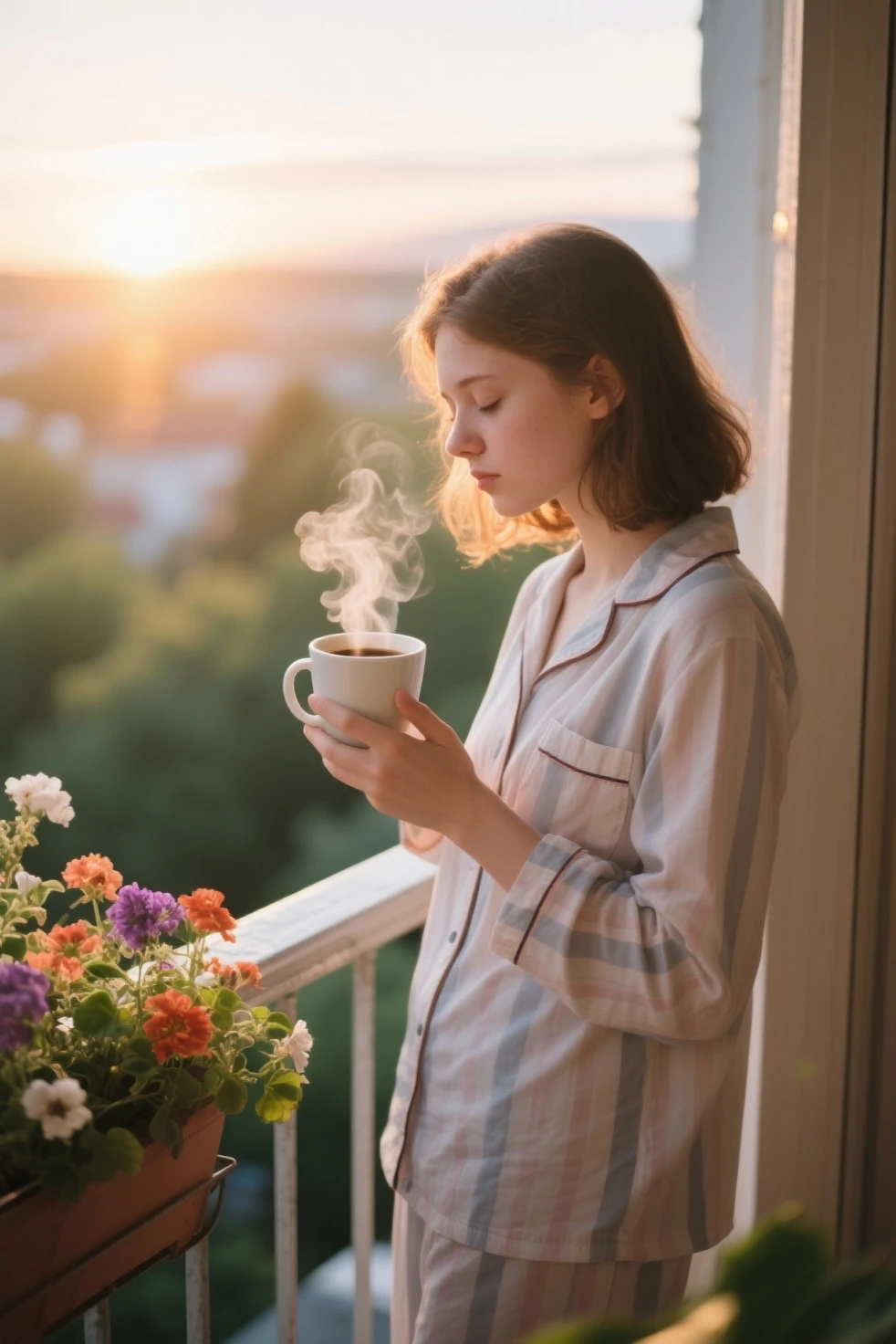 The woman looking out by drinking coffee from the window of their house