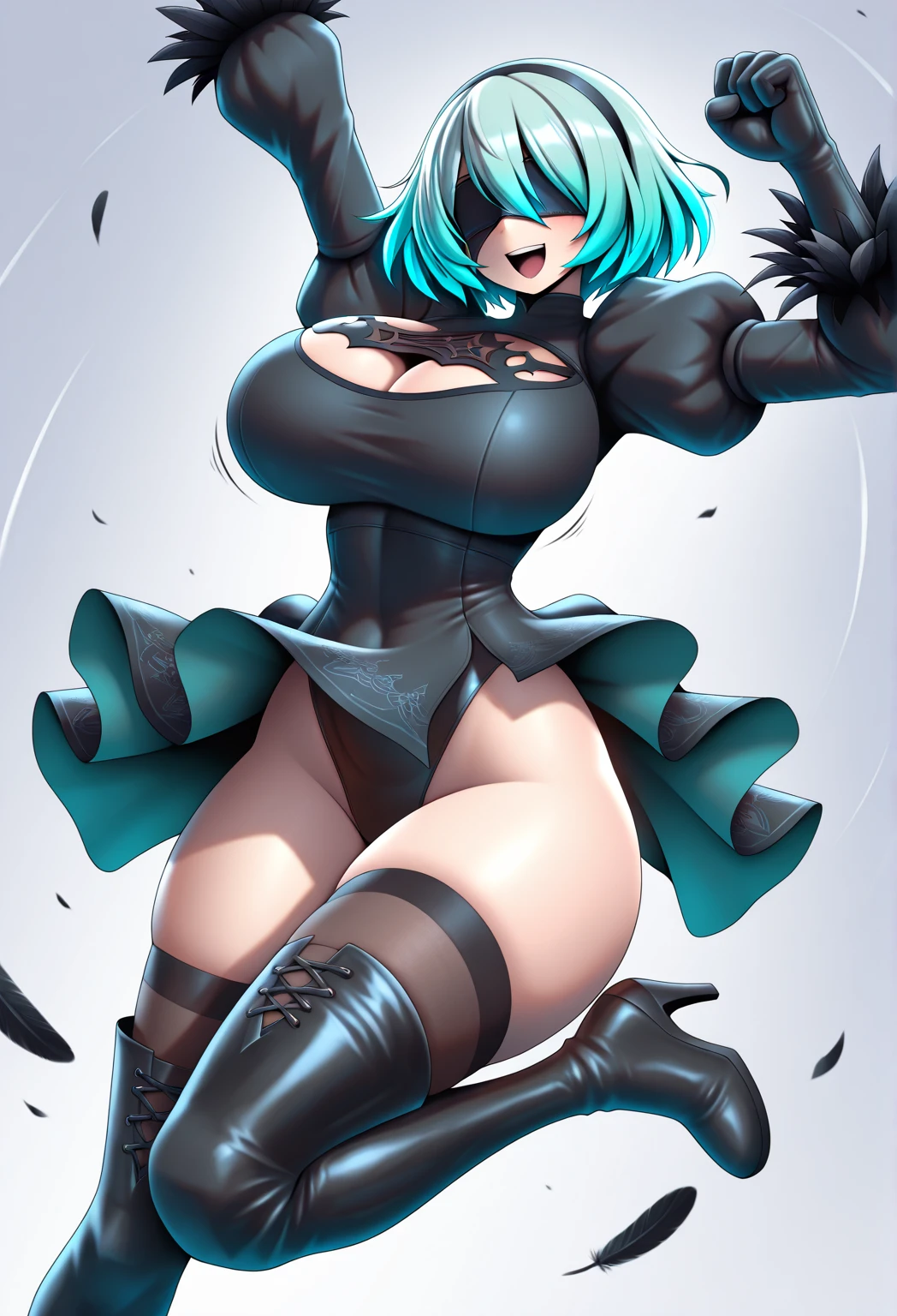 1girl, large breasts, wide hips, light blue hair, purple eyes, one eye covered, eyepatch, ((eyepatch)), very short hair, light smile, happy, bunny ears, black leotard, bunnysuit, pantyhose, necktie