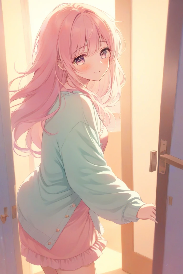 highest quality、cinematic lighting、The front door of the house、Red Jersey、pink panties、girl、Turn around