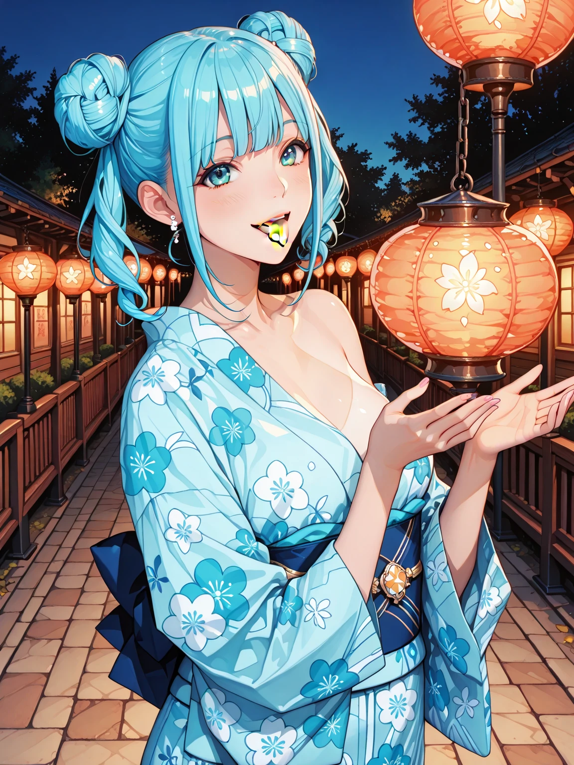masterpiece, absurdres, vibrant, botan, solo, female, sky blue ponytial, pink eyes, oval face, blush, smile, medium breast:1.8, pink yukata , anatomically correct body, cowboy shot