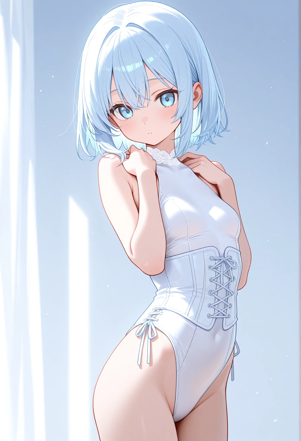 best quality, amazing quality, very aesthetic, absurdres, 1girl, arona (blue archive), blue archive, blue eyes, strapless, (artist official art:1.5), (realistic face), (narrowed eyes), (from above:0.8), (cowboy shot:2), (concept art:1.5), panties, (thigh), expressive eyes, perfect face, 4k, extremely detailed anime illustration, extremely detailed eyes, enhanced details, perfect anatomy, light rays, photo background, extremely delicate body, smooth skin, feminine expression, (black background:2), cristal clear eyes, beautiful face,