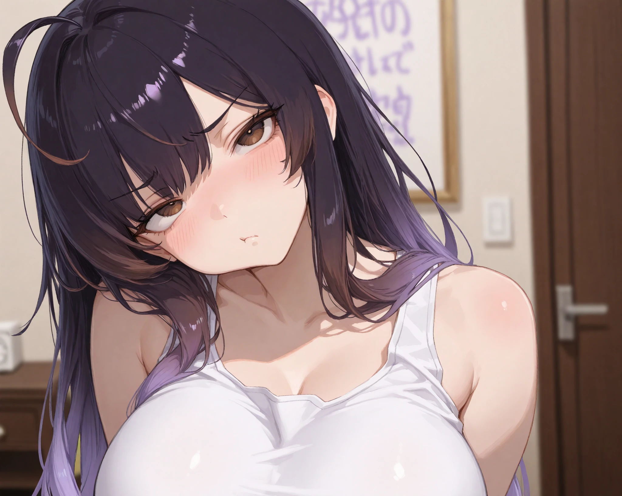 otonariayane, otonari ayane, long hair, black hair, hair between eyes, (purple eyes:1.1), glasses, mole, mole under eye, red-framed eyewear, mole on breast, smile,
BREAK cleavage, collarbone, tank top, camisole, shorts,
BREAK indoors, bed,
BREAK looking at viewer, (cowboy shot:1.5),
BREAK (masterpiece:1.2), best quality, high resolution, unity 8k wallpaper, (illustration:0.8), (beautiful detailed eyes:1.6), extremely detailed face, perfect lighting, extremely detailed CG, (perfect hands, perfect ???????), exposing tits, showing breast, nipple, erotic, nfsw