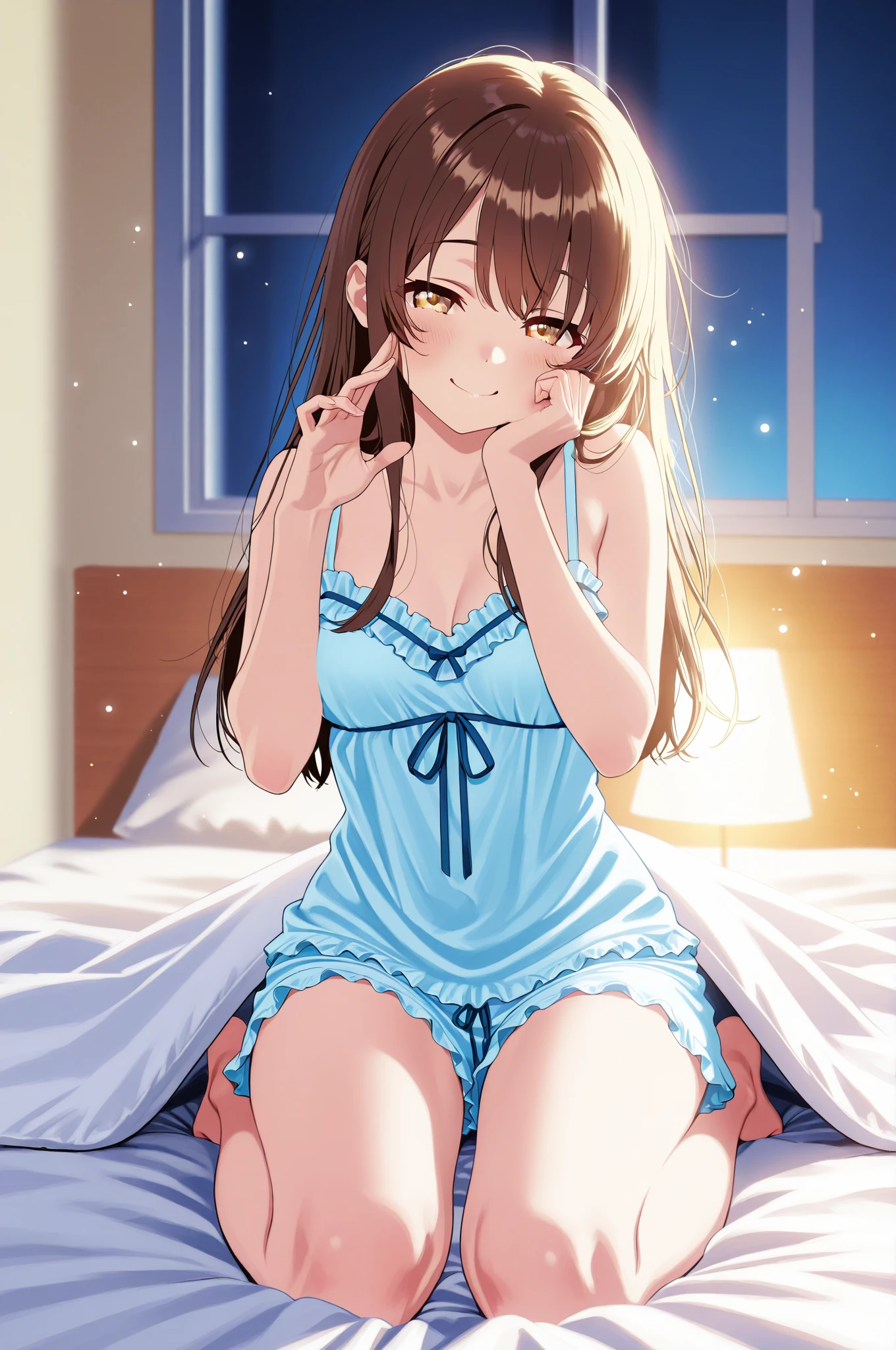 masterpiece, beautiful illustrations, highest quality, pretty girl, 1girl, Bedroom, pastel colour, (two-separated lingerie), cute lingerie, reddish brown long hair, headband, bright lighting, presenting, looking at viewer, on bed, embarrassed