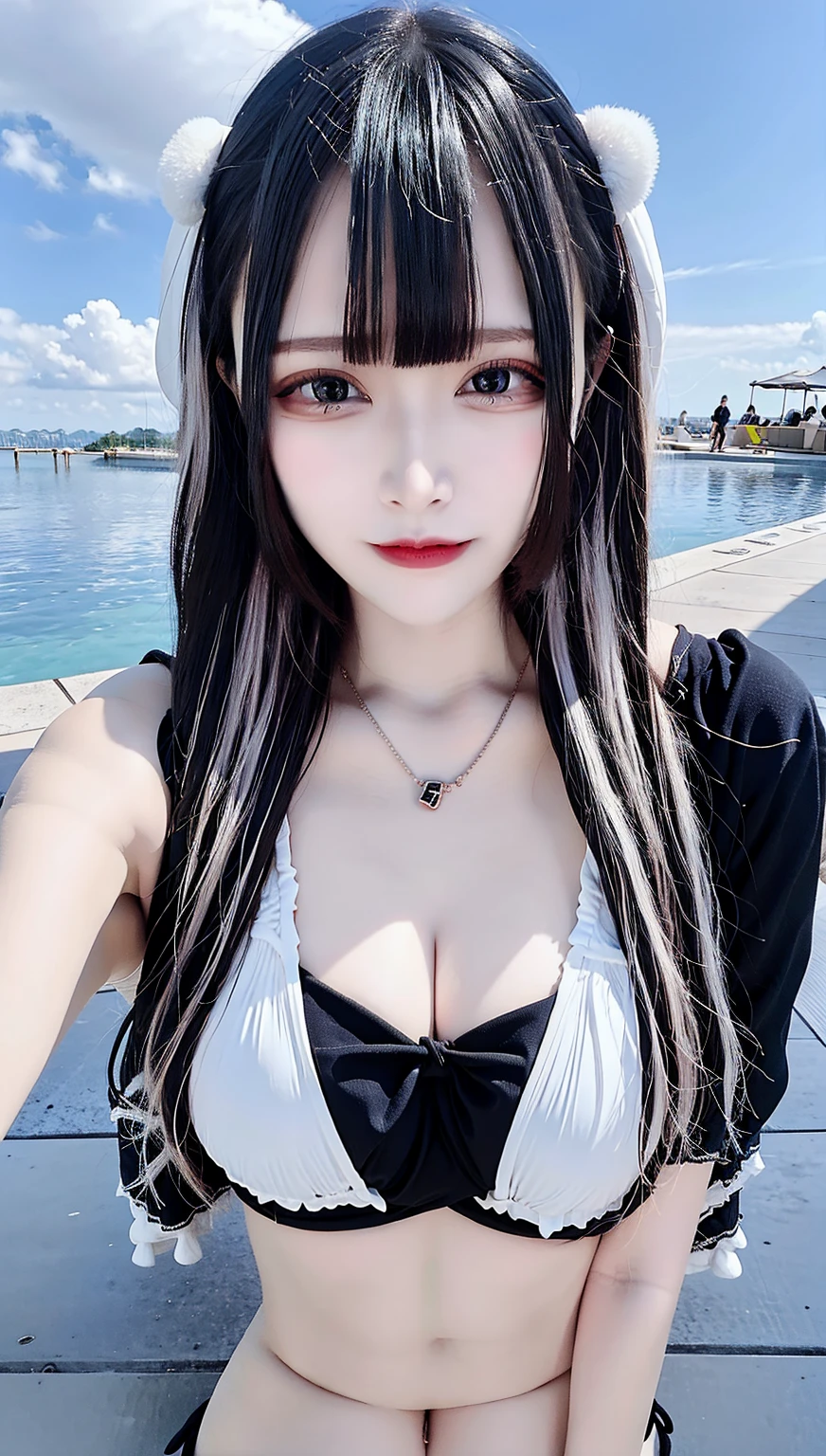 photo of fubuki, black hair, green eyes, short hair, with large breasts and a huge ass on a beach with sunny weather, (wet skin and hair:1.5), (light skin), (sweating) ,(beautiful scenery),(perfect face), masterpiece, blush, 1girl, solo, sexy pose, smooth anime cg art, slight smile, (jirai fashion、jirai make up), ゲームセンター