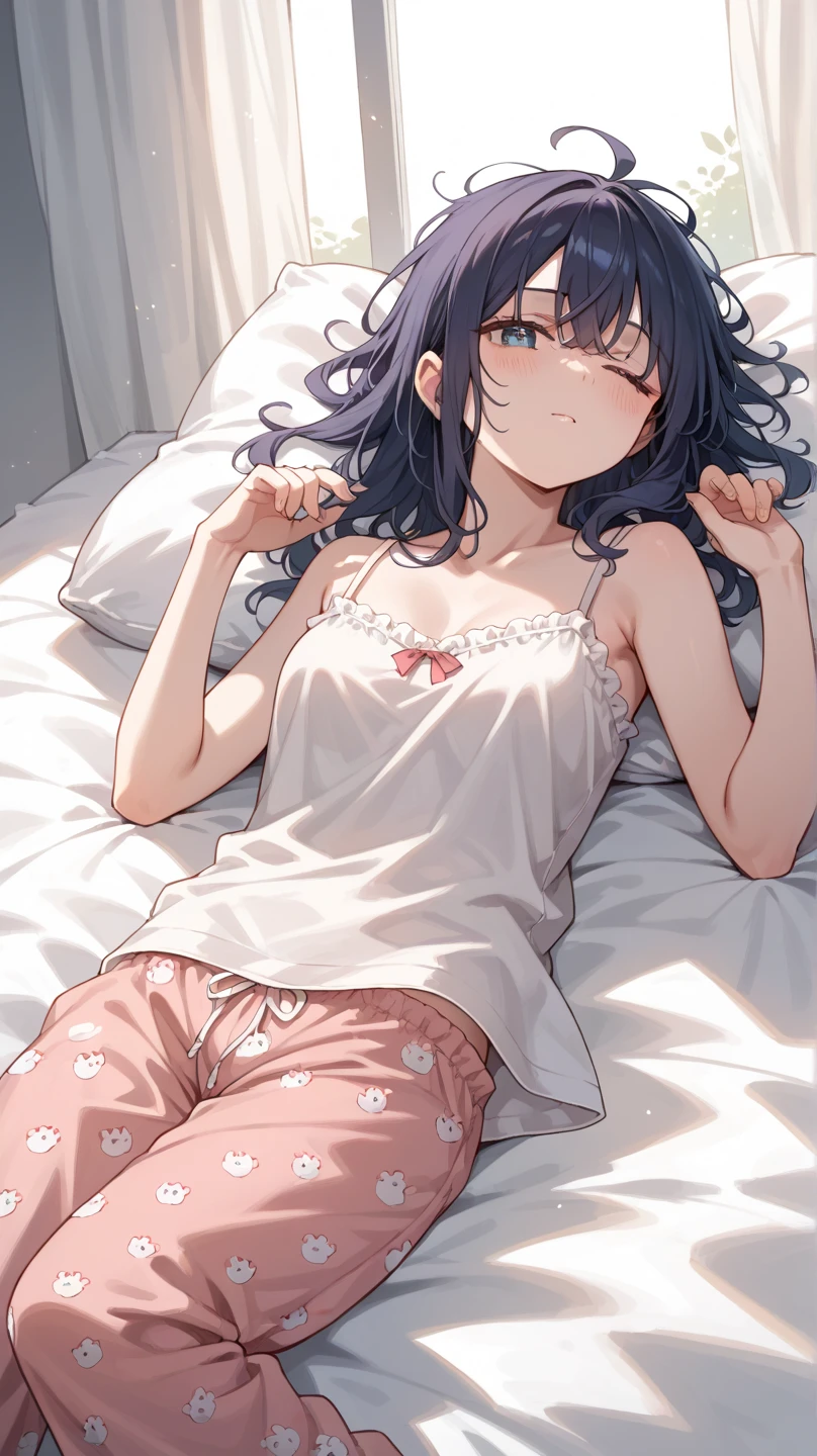 very thin cute girl 12 years old in very short white swimming trunks, Shy. Lying in bed, back view