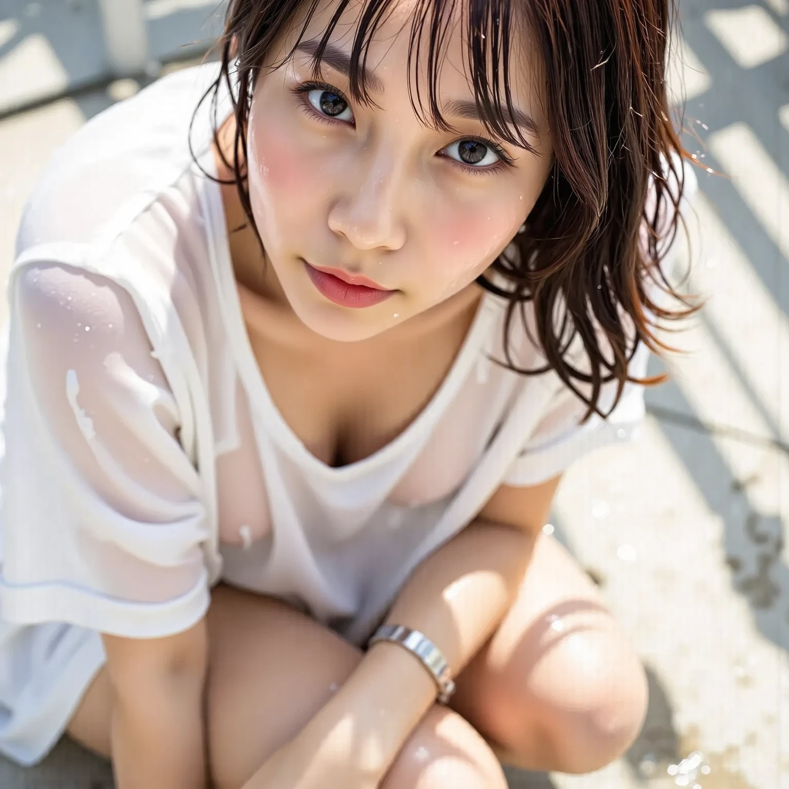 Best Quality, Masterpiece, Ultra High Definition, (Photorealistic: 1.4), Raw Photo, 1 Girl, Black Hair, Glossy Skin, Wet Body, Dramatic Lighting, Full Body, (From Behind), (Best Quality, 8k, 32k, Masterpiece, UHD: 1.3), (Charming Japan Female Photos), 1 Girl, 20 Years Old, ((So Big: 1.6)))))), ((Areola Slip:2.0)))), ((((thick thigh)))), (bowl cut hair), perfect body, ultra-detailed face, detailed lips, fine eyes, double eyelids, (((chuckle)), ((blush:1.3)), ((blushful:1.3)), (volleyball uniform with white top))))), (in the room))), (on the bed))), ((on all fours)))) , (seductive), ((excited: 1.5)), ((in the heat)), (sweaty))), (sexual innuendo)))), ((Mekosuji)))))