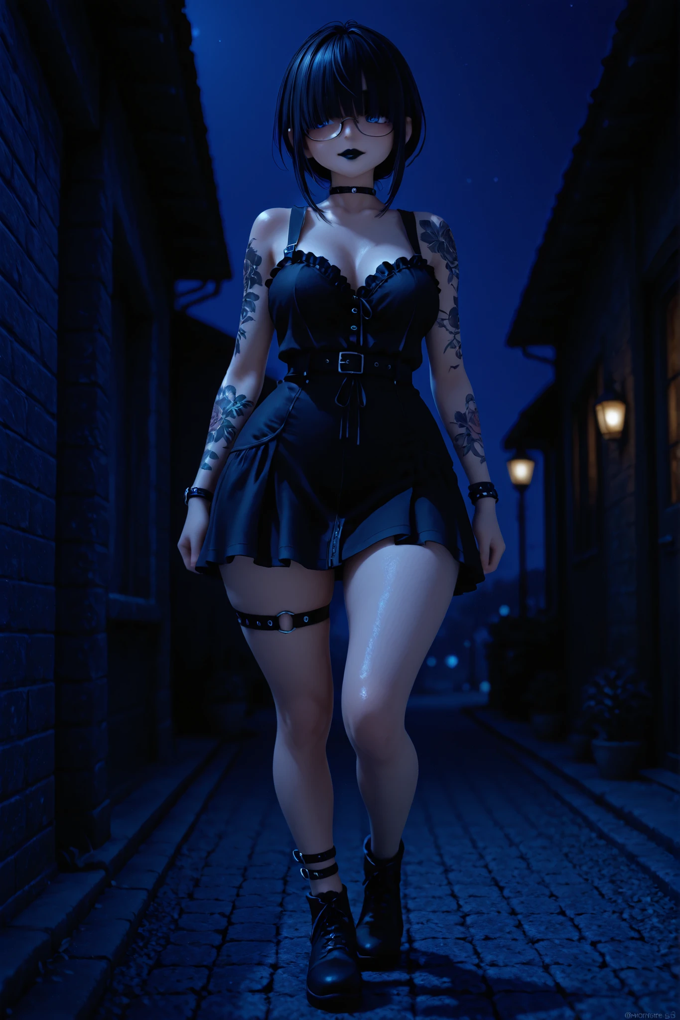 (ultra realistic,32k, masterpiece:1.2),(high detailed skin:1.1),( high quality:1.1),
<lora:hoteltransylvania_mavisdracula:0.8>(angry, v-shaped eyebrows:1.1),(eyeliner,long lashes, mascara:1.1),mavis dracula, black hair,black lips, blue eyes, dress, striped thighhighs, outside, night, destroyed collapsed, welk rose field, roses, horror theme, (blurry background:1.2),,fighting stance, (huge breast,large breast:0.9),<lora:add_detail:0.94>,full body,
(neon pastel light:1.1)