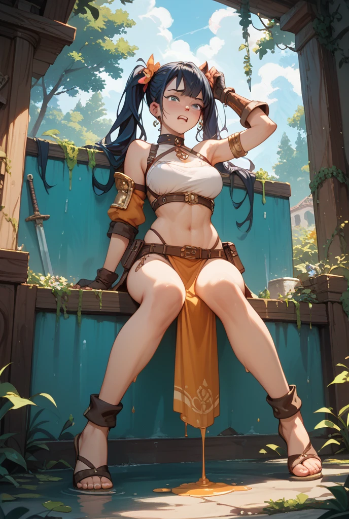 Ushiwakamaru ,(absurderes, 8K, 4K, masutepiece, hyper extreme detailed:1.2), Best Quality, Perfect Anatomy,Perfect face,High humidity,(独奏:1.2),(chubby:1.1), shortness of breath, High humidity, Steamy, Exposed shoulders, Nude, nsfw, A kind smile, maternal, relief, peace of mind, On the road, Outdoor, (blush:1.1), A kind smile, relief, (Small breasts:1.3), (kitchen:1.5), (Naked Apron:1.5), (Sweaty:1.5), (oiled skin:1.3), Black Hair, blue eyes, (BIG ASS:1.1)