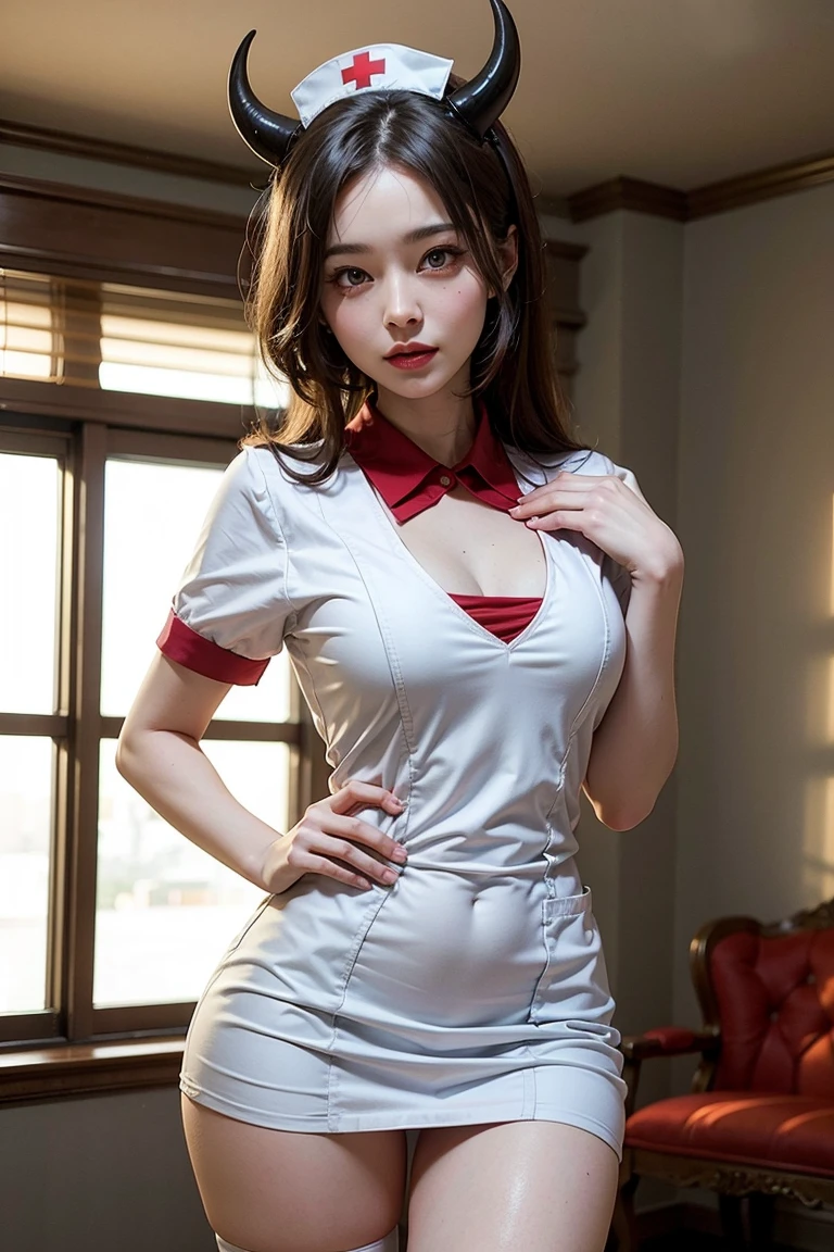 Emilia Mernes look, beautiful female, partially nurse shirt, white eyeliner, cleavage, white and red nurse skirt, white thighhighs, sultry look, i freckles, medium perky breasts, tiny waist