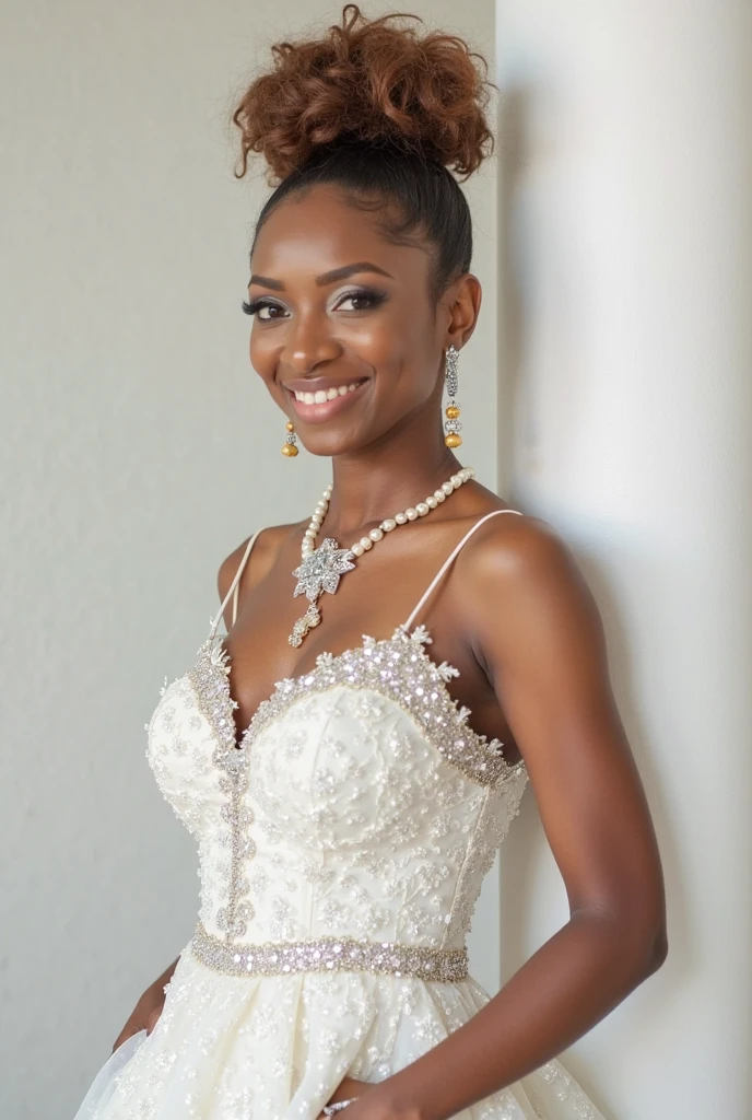 Realistic full body photo of a smiling black woman with long hair, She dances in front of the camera in a long A-line wedding dress with straps made of shiny satin., Park,glamour fotoshooting, Wedding celebration, perfect anatomy, perfect brown eyes. Perfect hands with 5 fingers on each hand, Matching girl, looking at the camera, 1 Frau. (Eye make up:1.1), (highly detailed skin:1.1), spirit, analog style, keen focus, 8K  UHD, dslr, good quality, Fujifilm XT3, Grain, Award-winning, ​masterpiece. Wedding celebration