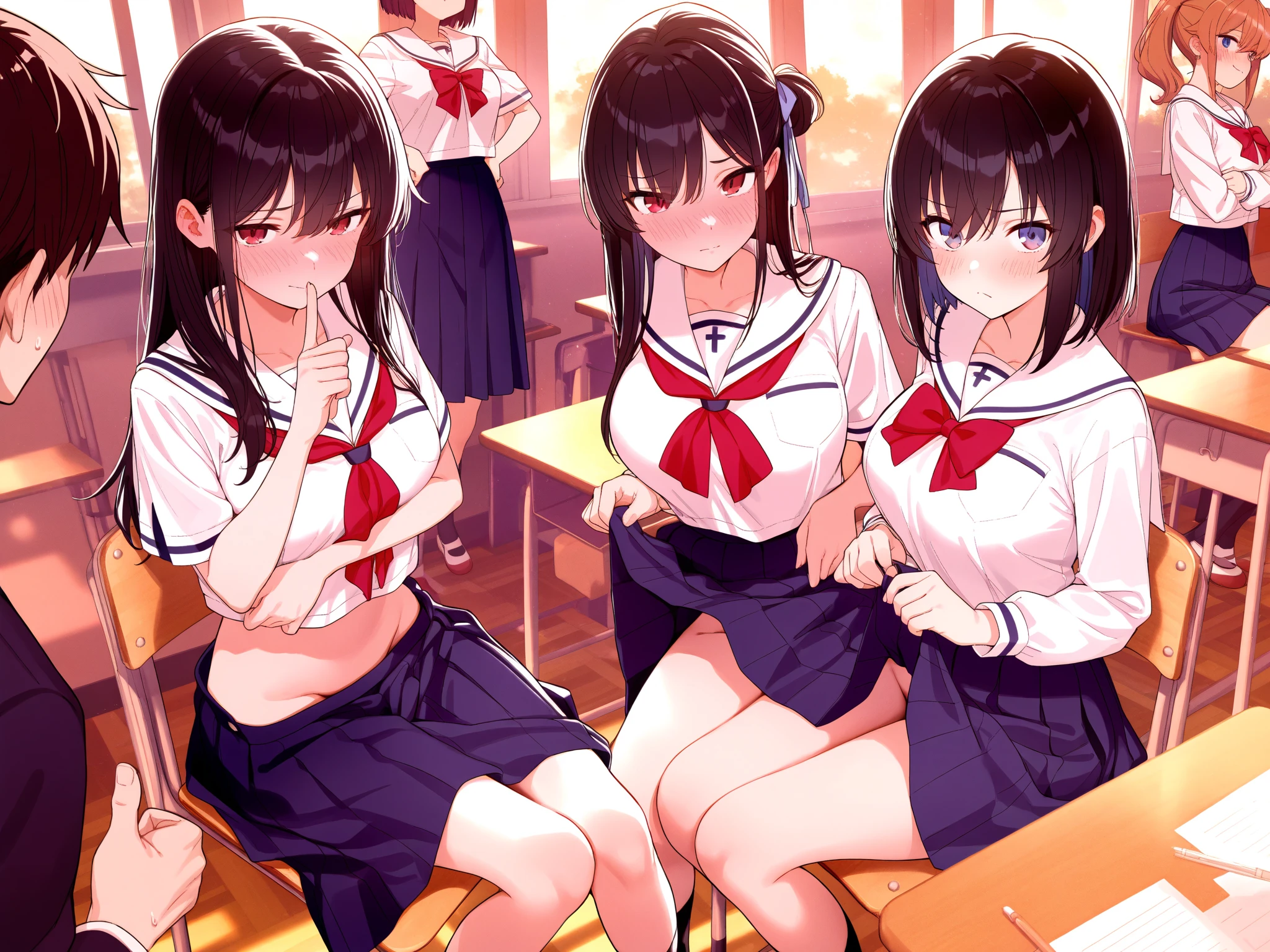 (8K、RAW photo、highest quality)、detailed background、beautiful and detailed face、beautiful and smooth skin、skin texture、professional lighting、Beautiful teenage girl、Cute beautiful Iful Girl、((4 beautiful girls))、Changing clothes in a school classroom、cute hairstyle,(big breasts:1.3)、cute underwear、sexual expression、sailor suit、Plaid pleated mini skirt、pantyhose、touching the chest、playfully hug each other、Play around, laugh and have fun、Pull Panties