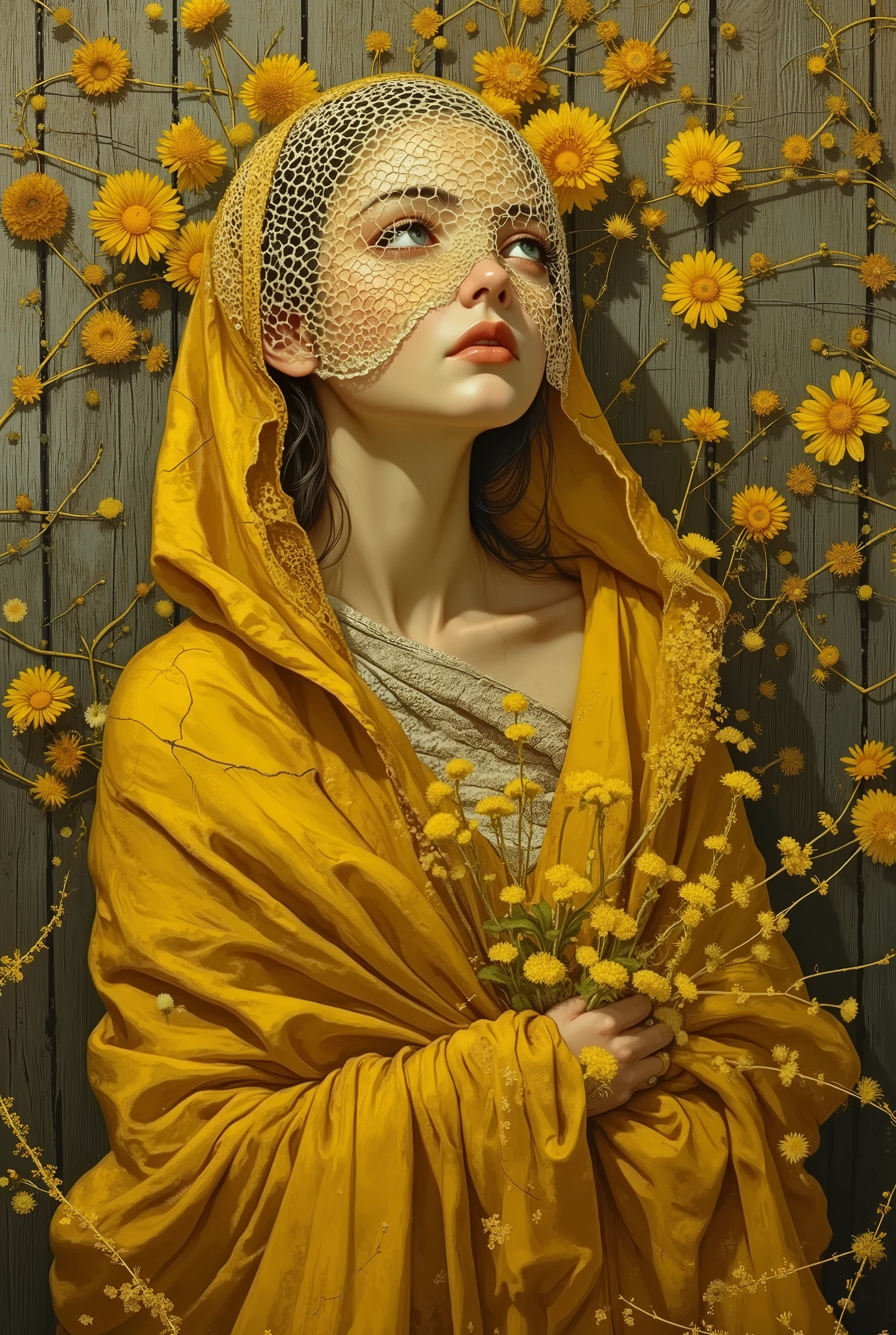 VibrantlySharp style,
animeniji,
3pic_vist4, In baroque oil painting, a mysterious woman with a honeycomb veil melting over her eyes, gazing slightly upward with serene detachment, head tilted, wrapped in flowing golden cloth, set against a cracked wooden wall overrun by blooming yellow wildflowers and golden sap streams.