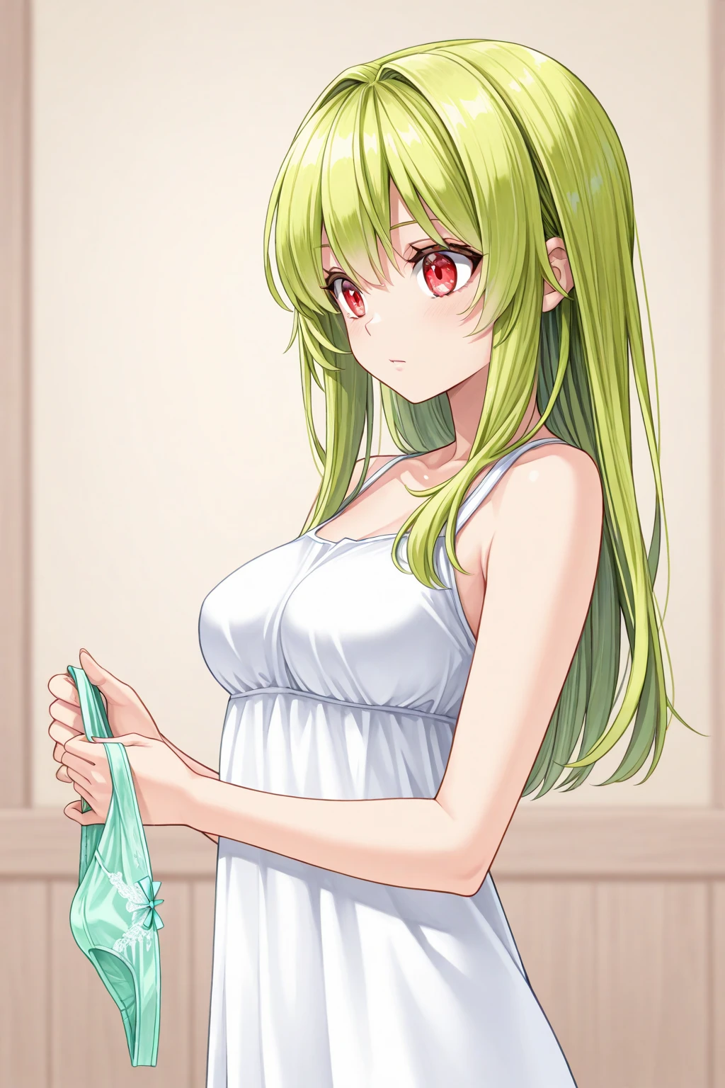 Long silver hair, green eyes, headband, necklace, flat chest, smile, happy, beautiful thighs, inside house, streptococcus
