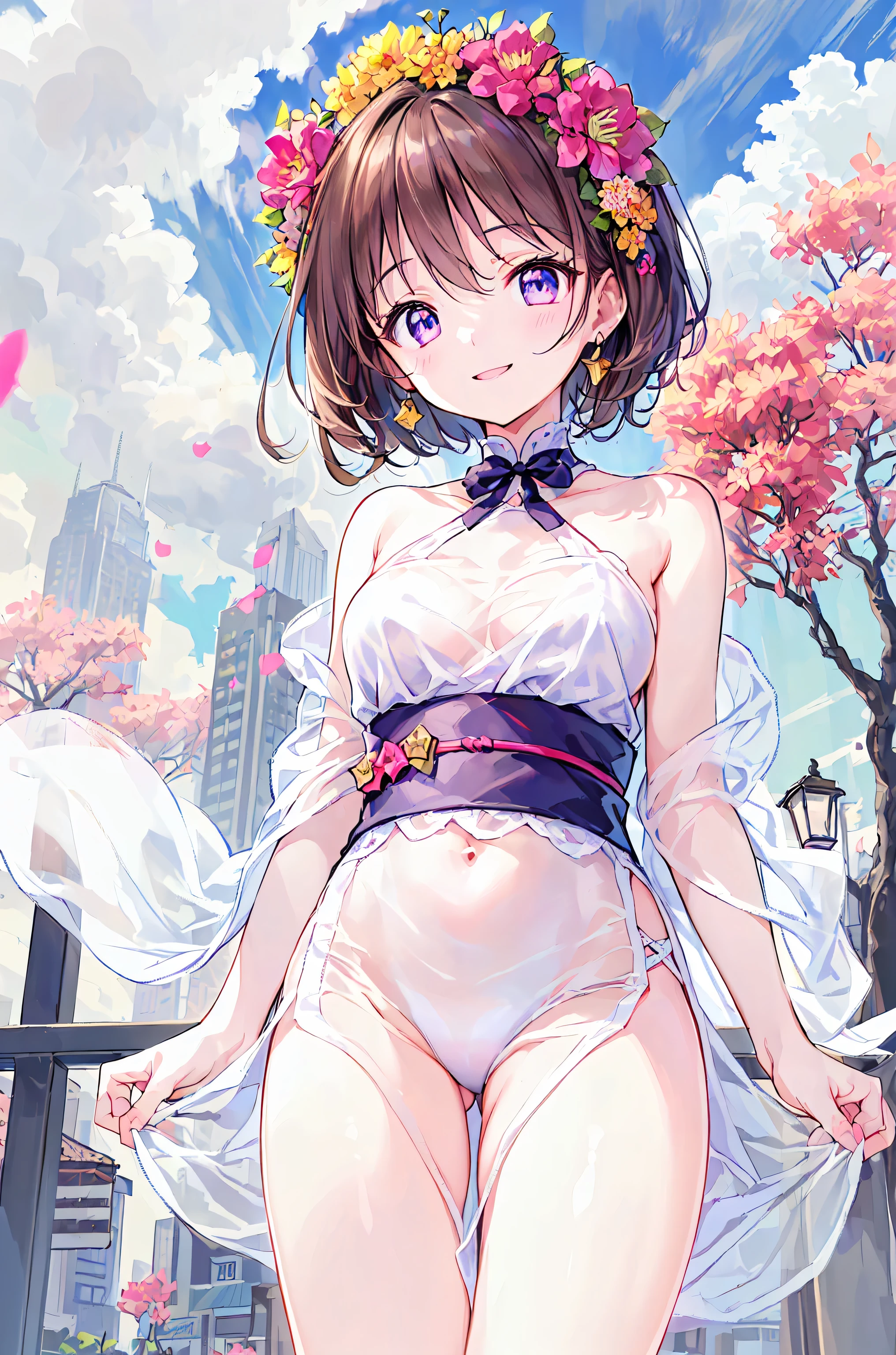 Catgirl,En pie,senos grandes,Muslos,piernas,hombros desnudos,kimono rosa,Sandalias,Sin calcetines,pink nail polish,long brown hair,brown eyes,enojado