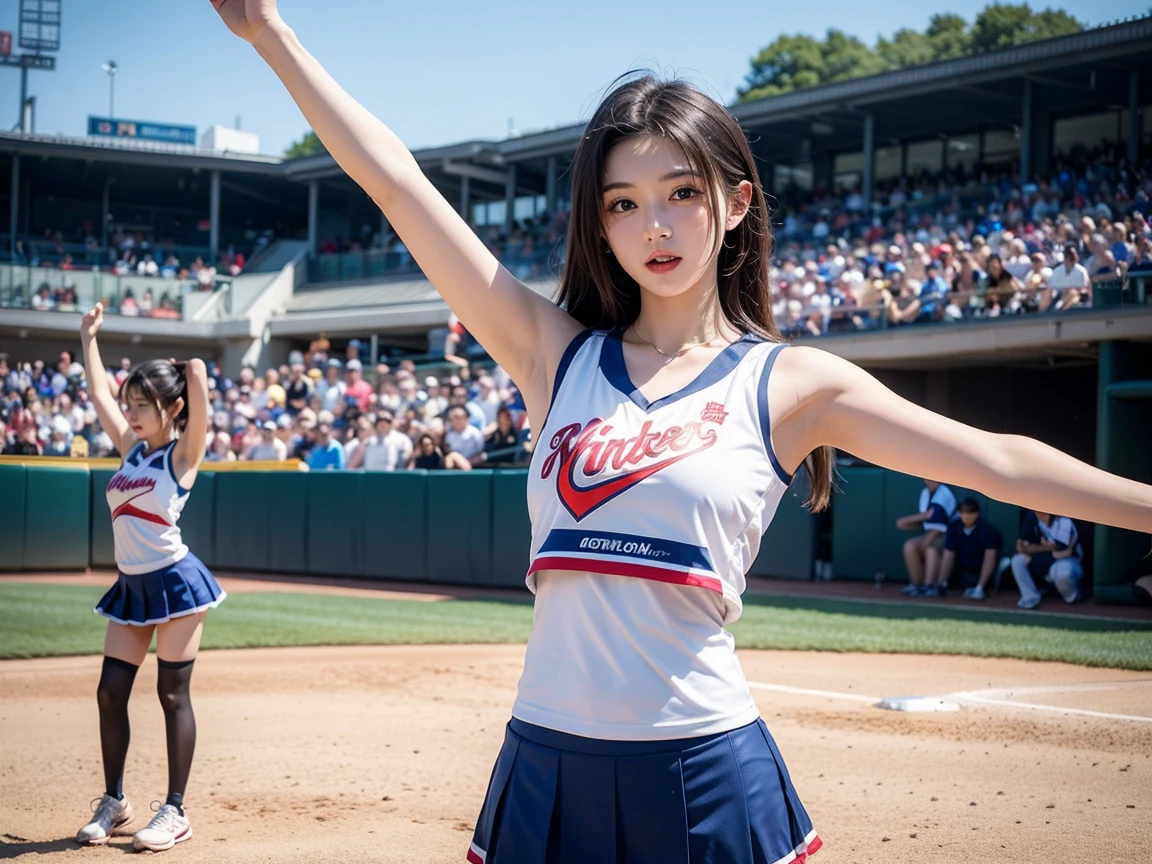 8k、RAW Photos、highest quality、Super detailed、Super Resolution、Ultra HD、8k wallpaper、Amazing detail masterpiece, highest quality, Super detailed, figure,
Musplash, One girl, Little, skirt, Pom-pom (cheer leading), Long Hair, Raise your arms, Cheerleader, Open your mouth, Black Hair, abdomen, Stadium,  Laughter, Open your mouth
, baseball Stadium, 
((((Panties and bra are visible))))