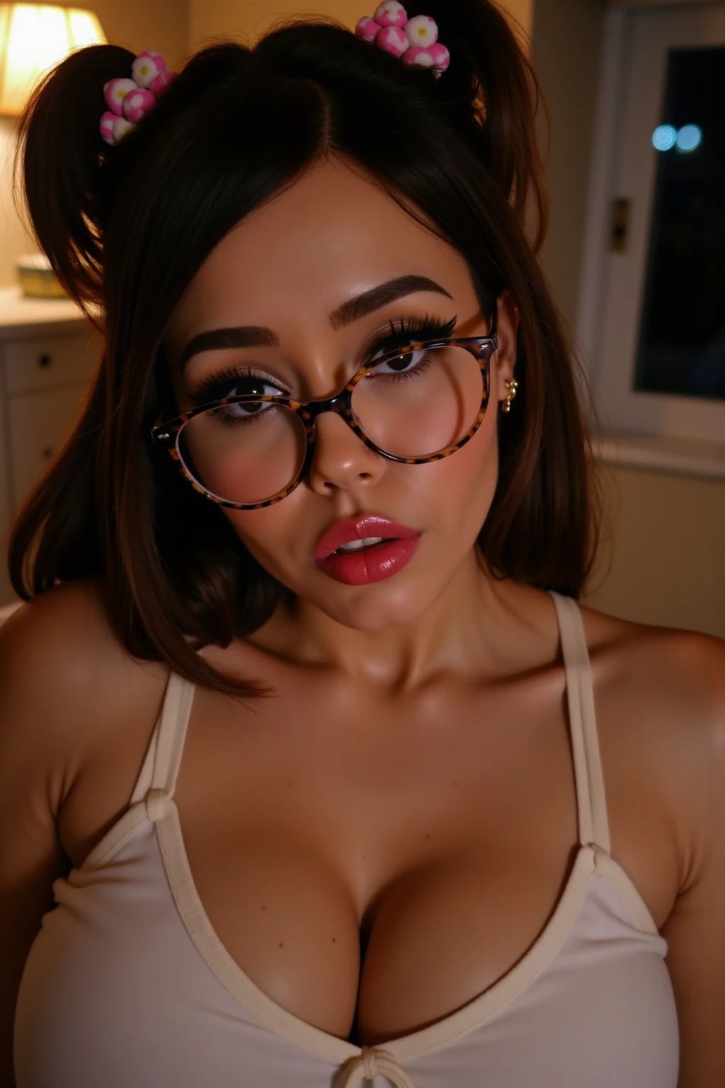 librarian giving a blowjob, sexy, 18 years ,hair in a bun with loose strands for the face, stockings, glasses, picture taken with some distance, sweet smile, red lips, strickt look on her face, high heels, blowjob, blowjob, blowjob, orgy