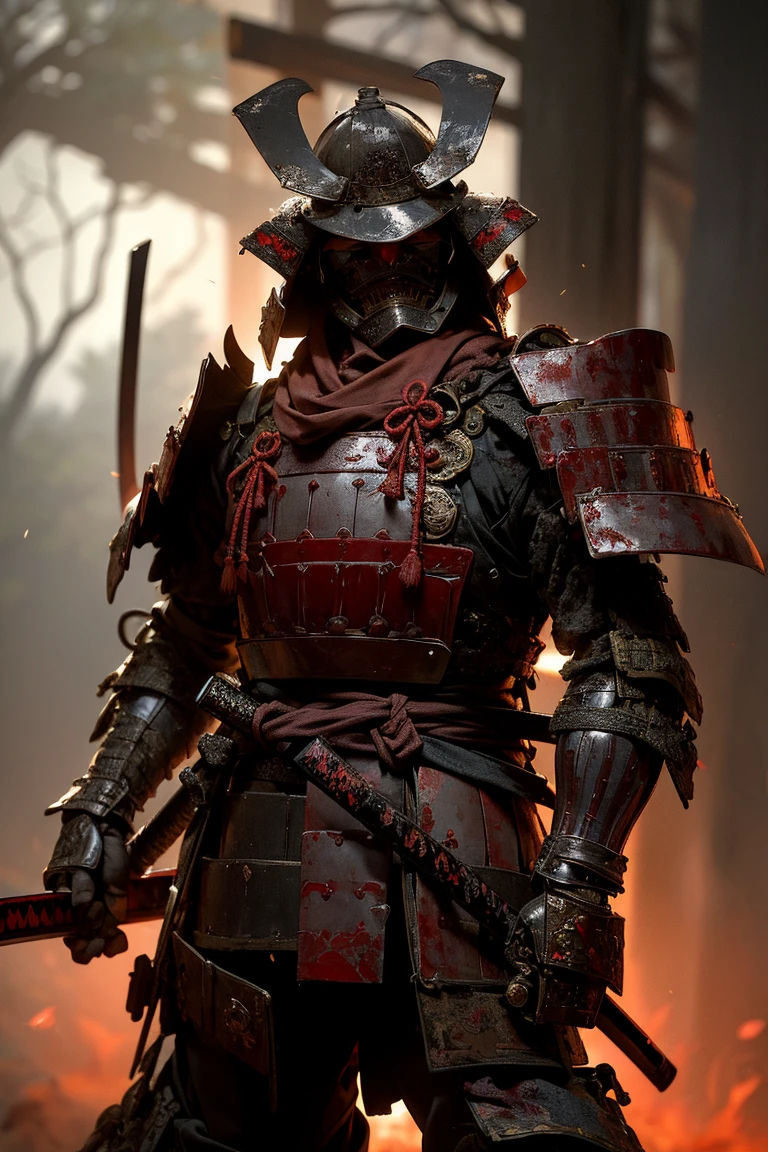 Fallen Samurai,embers,gloomy and creepy atmosphere,Red Samurai,dramatic lighting,Cracked Red Armor, intricate details,A Lost Battle,Fading Glory,Ghostly Shadows,foggy background,Face under the mask,Majestic Helmet,A lonely figure,Rising smoke,Doomed Fate,Grim Ruins,Majestic Composition,Military Honor,desolation,Fire fighting,A sinister presence,Ash and smoke,Bloodstained Earth,worn-out armor,determination,Glyph of Courage,The End of the Samurai Era,A devastated battlefield, Standing in the middle of the battlefield [Muted color palette],[subdued tones],[Intrusive atmosphere:0.9]