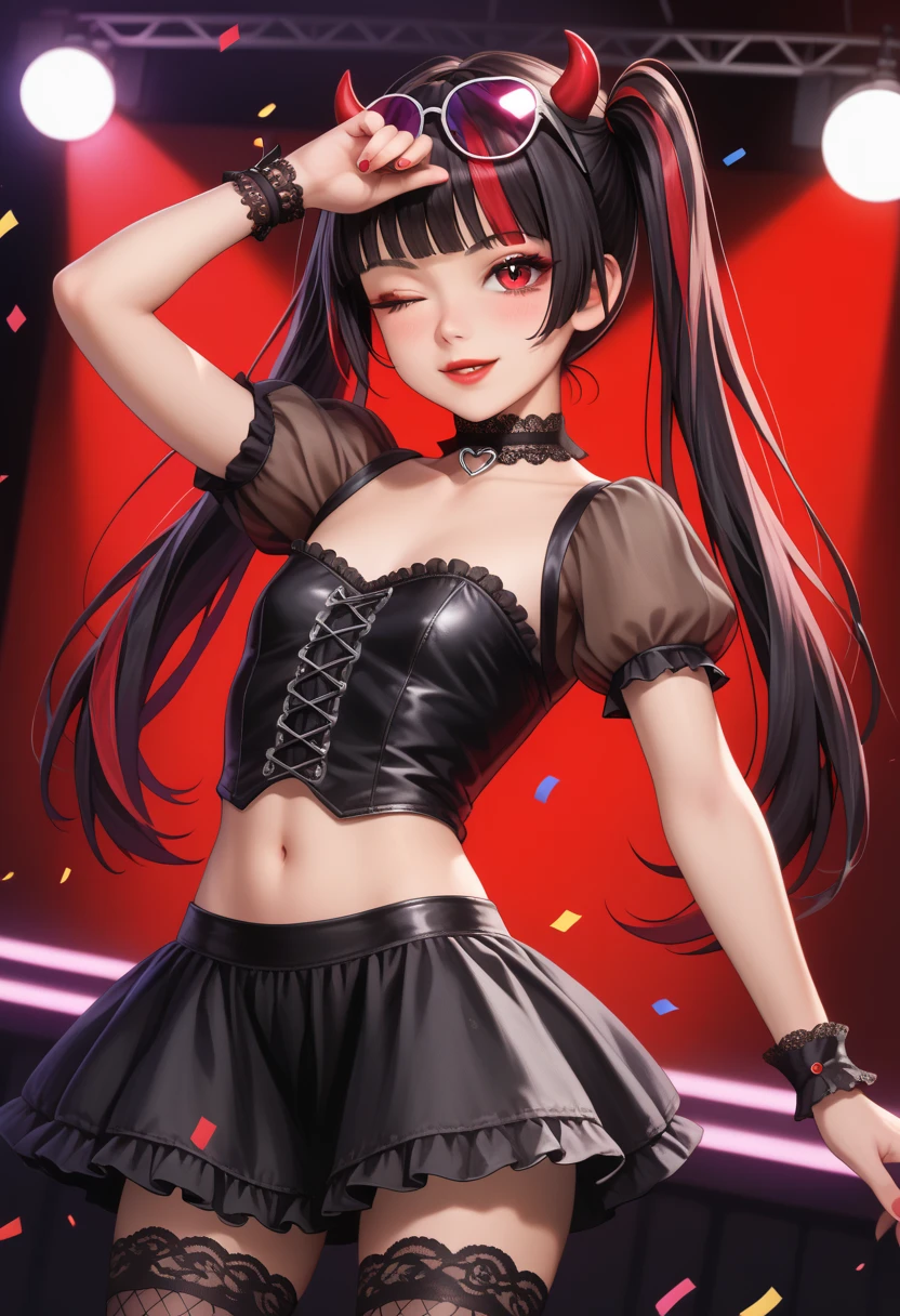 1girl, biker girl, cat ears, cat tail, black hair, pink eyes, roadie, showing v sign with hand, tongue out, playful, playful wink, slender, sinuous, fishnet top, black mini skirt, black boots, technician, backstage