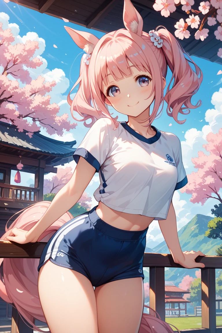 realistic image, coherent image, detailed image, 1 beautiful girl, She has orange hair, long, silky hair styled with a heart-shaped ponytail, green eyes, she has bunny ears, a bunny tail, her face is oval and delicate , smiling shyly. She is wearing a long sleeved top, mini shorts, sneakers. She has a curvy body, small breasts, thick thighs, view from behind, surrounded by mountains, windy day,