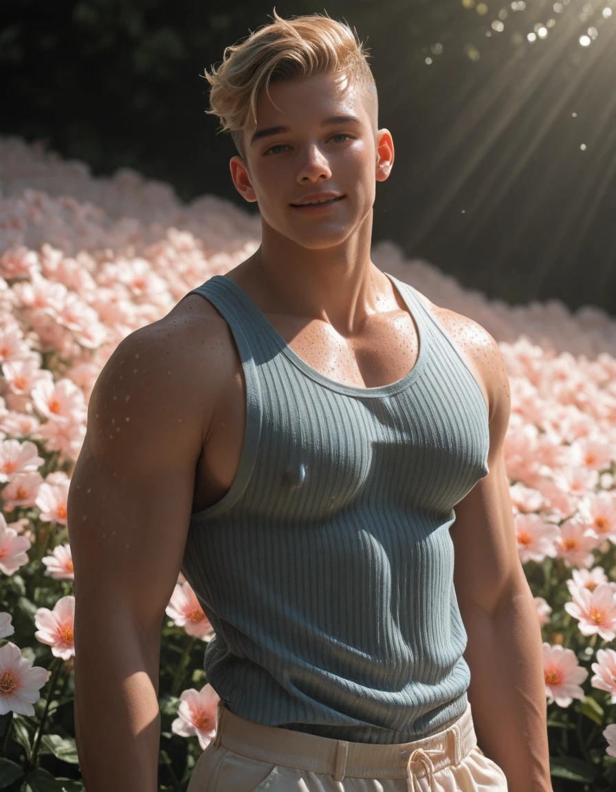 photorealistic, best quality, masterpiece, extremely detailed, sexy, homoerotic, extremely handsome, youthful, 25 year old muscular korean man, milk spilled on his body, blond hair, fair skin, (((muscular bodybuilder))), (((massive thighs))), wearing a small white thong, sitting and having picnic, happy, at park, extremely romantic atmosphere, perfect face, perfect fingers, perfect hands, perfection