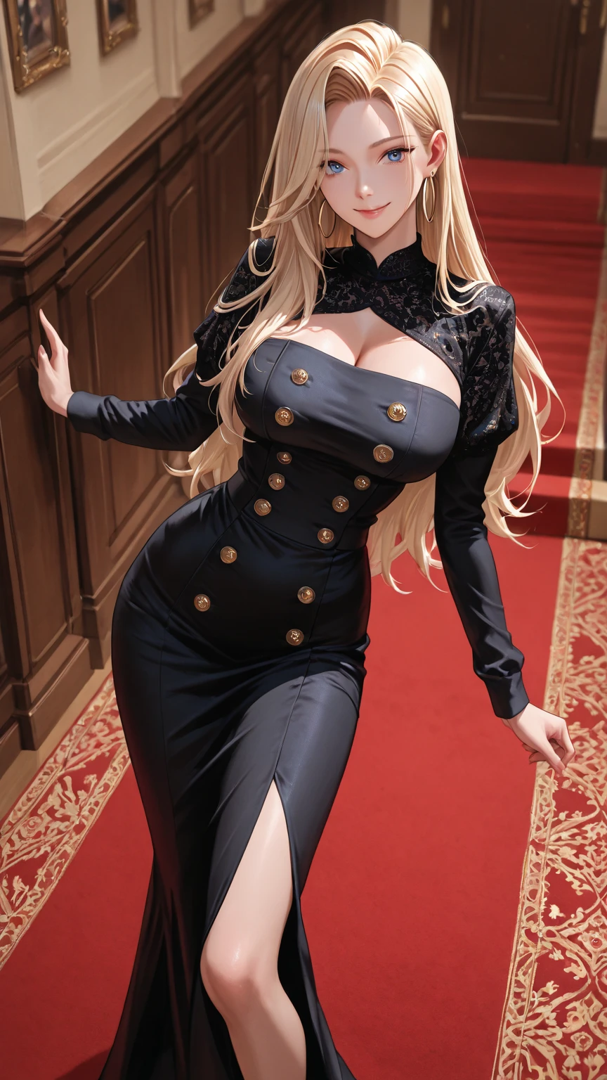 Best Best quality, masterpiece, ultra high res, raw photo, beautiful and aesthetic,deep shadow, dark theme,(ultra detailed:1.3),
1girl, dress with frills, gloves, stoking, sitting on sofa, Headdress, hair ornament, full of curtain, drill hair, long hair, blonde hair, gradient hair, yellow eyes, solo, huge breasts, big hair, blue hair, tiara, divine goddess, looking at viewer, royal palace, indoors, bedroom, astraea, full body, in black latex_lpskirt, longest_lpskirt, black blazer, white silken dress shirt, tight skirt,