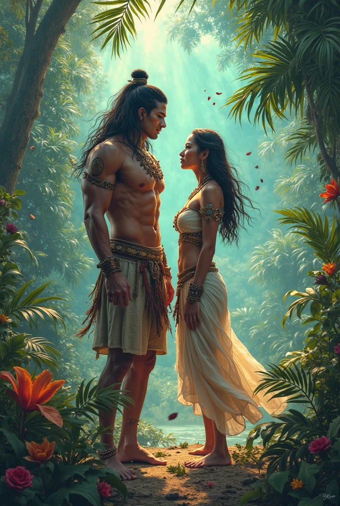 A handsome couple, sitting on a river bank, woman, Lucy Pinder, young, beautiful, completely ?????, trees in background, man, handsome, robust, shirt less, wearing a white dhoti, full body view, head to toe, long black hair , front view, daylight, realistic, shade lights, high resolution, by Louis Royo, by Boris Vallejo, by Frank Frazetta