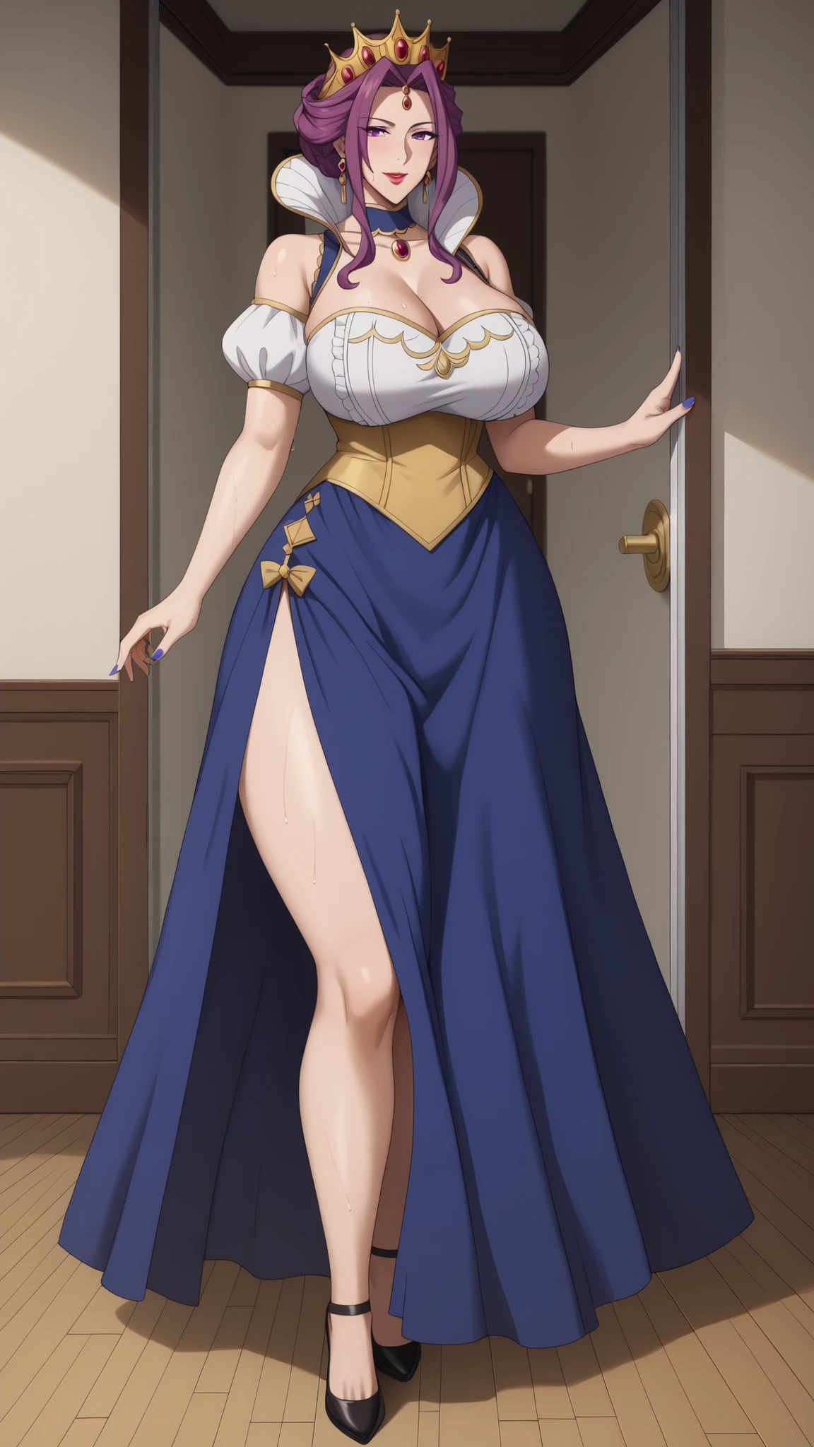 masterpiece, ((ultra detailed background, delicate pattern, intricate detail)), (highly detailed, fine details), best quality, beautiful lighting, ((medium breasts, slim girl)), MereoleonaVermillion, 1girl, solo, orange hair, smile, blue eyes, cape, open mouth, makeup, grin, fire, (cowboy shot), complex detailed background, inside, castle room environment, medieval castle, gray walls, window, bookshelf,, huge breast, flipflops, full body, feets, walking
