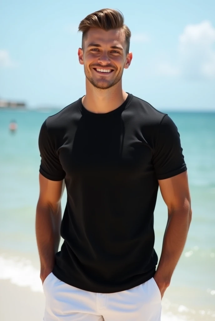 Natural photography of a beautiful handsome boy athletic body  , dressed in black clothes, tilted silver hair, normal bust, smiling, on the beach staring at the camera, symmetrical eyes, symmetrical face, photorealistic, Photography, route layout, specular lighting, volumetric face light, cabello route layout, visible shadows, Intricate, elaborate