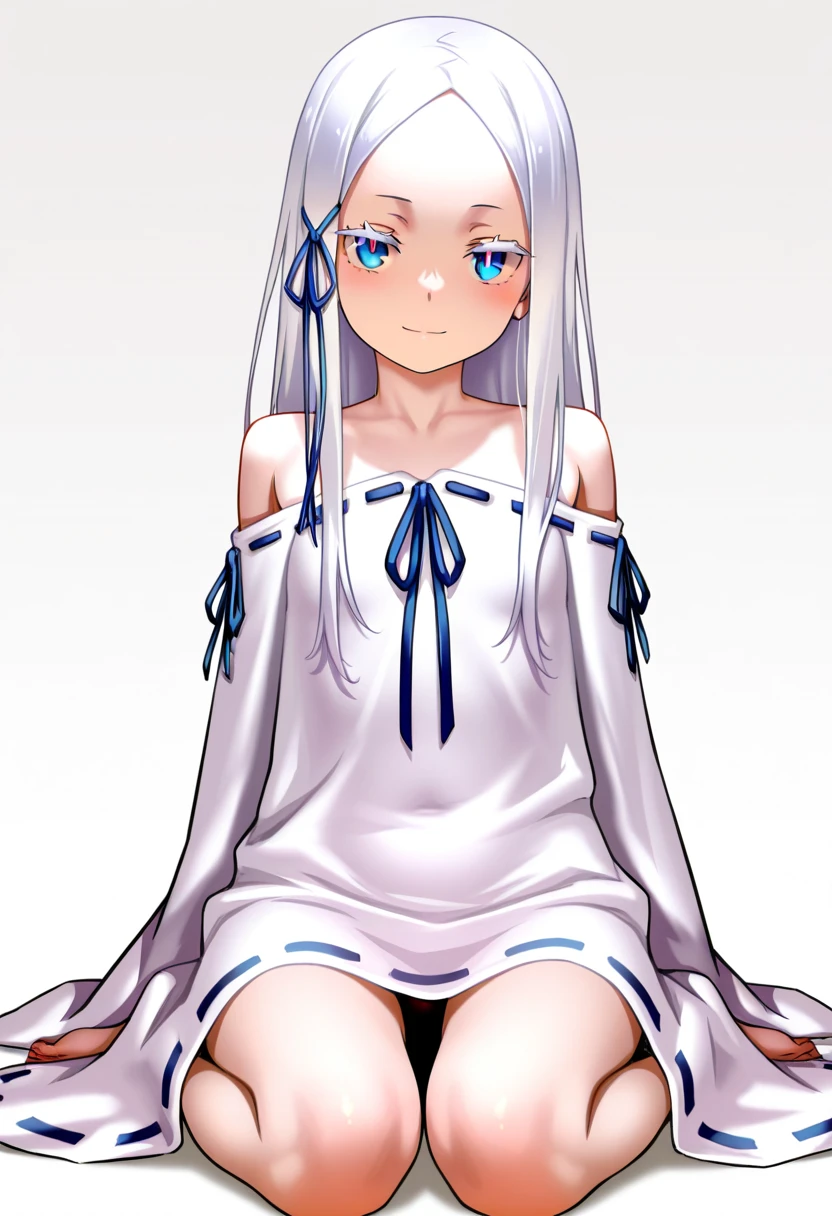 <lora:Pandora-v1:1.1>, 8k, raw photo, (masterpiece), (best quality), highres, ultra detailed, physically-based rendering, 1girl, pussy, (lifted by self:1.1), blue eyes, long hair, white hair, forehead, bangs, small breasts, parted bangs, pussy,