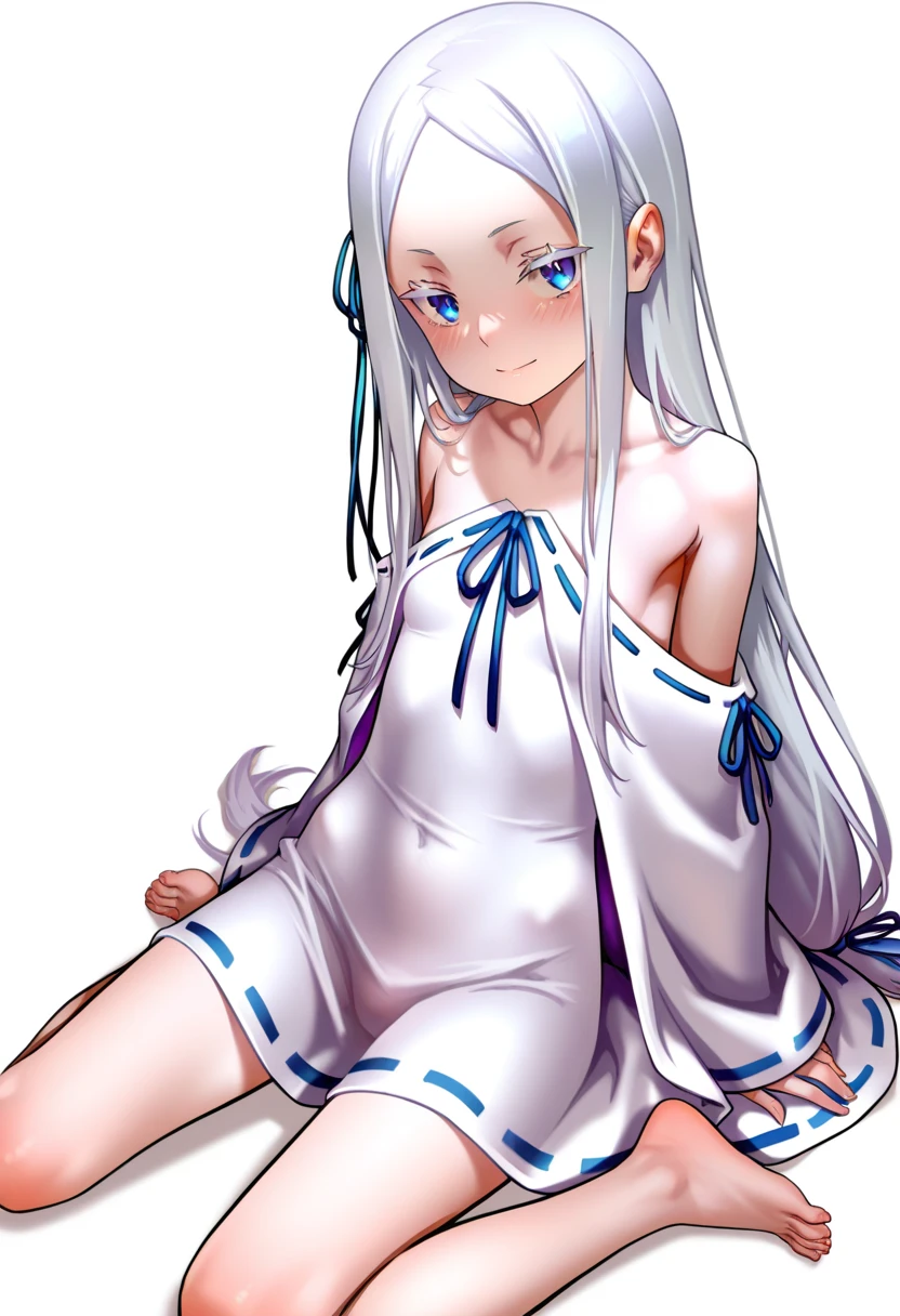 anime cartoon drawing, young girl, 1girl, solo, sleeve past finger, animal ears, sleeve past wrist, tail, white hair, blush, hair above one eye, cat tail, shirt, ahoege, cat ears, bell, sweat, see-through, long hair, chest, white shirt, white background, collar, colorful hair, simple background, thigh strap, open clothes, look at the viewer, blue eyes