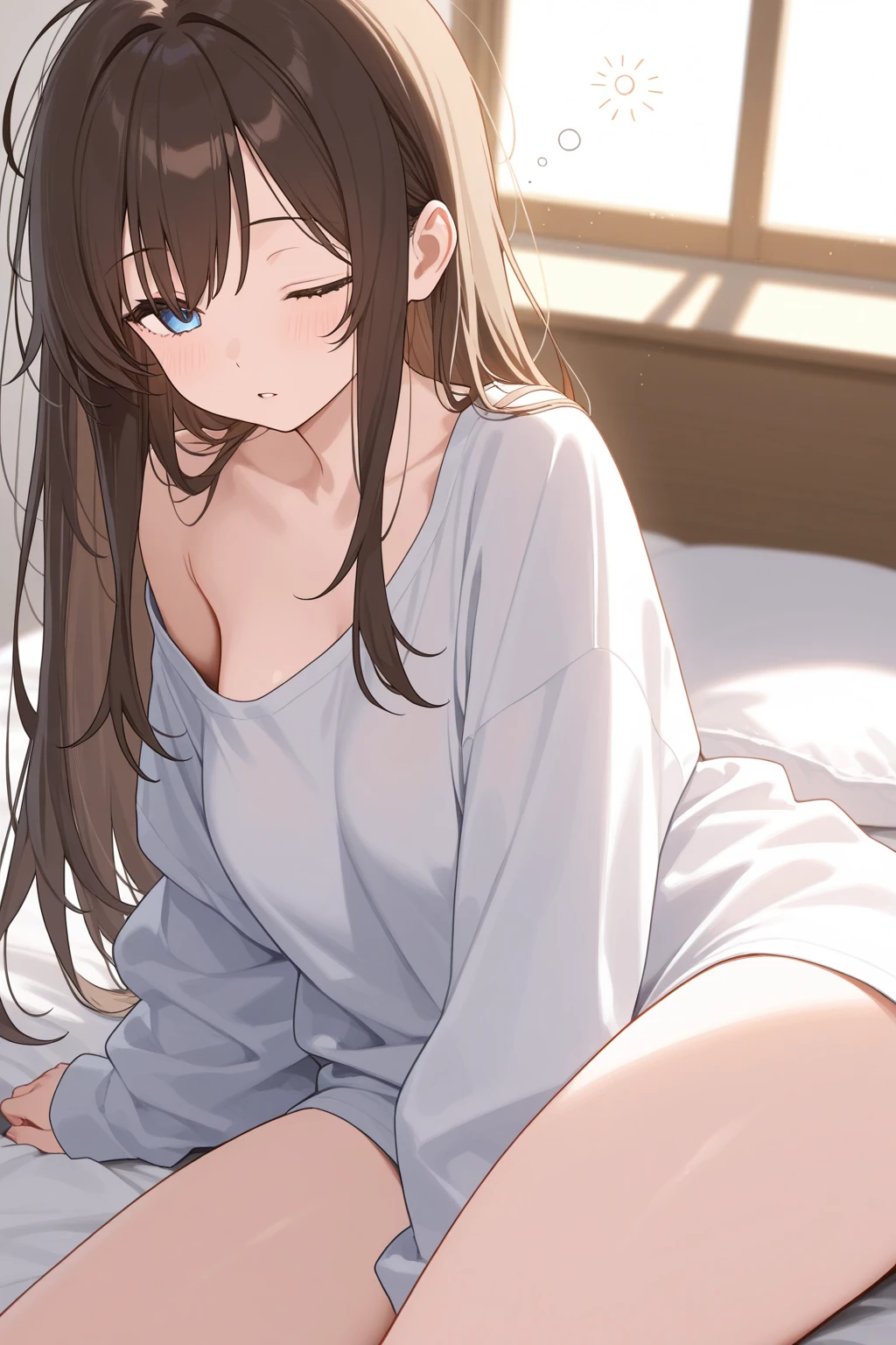 morning,s Pajamas,on the beds,,Hair Color Brown,thighs thighs thighs thighs,A smile,waking up,the morning sun