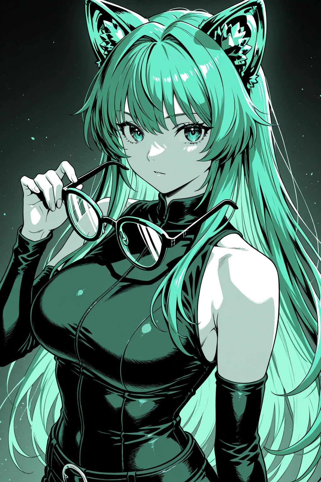 mature woman, glasses, long hair, big breasts, battle outfit, glowing green hair, floating hair, wind aura, wind magic, floating over water, looking at viewer, menacing look