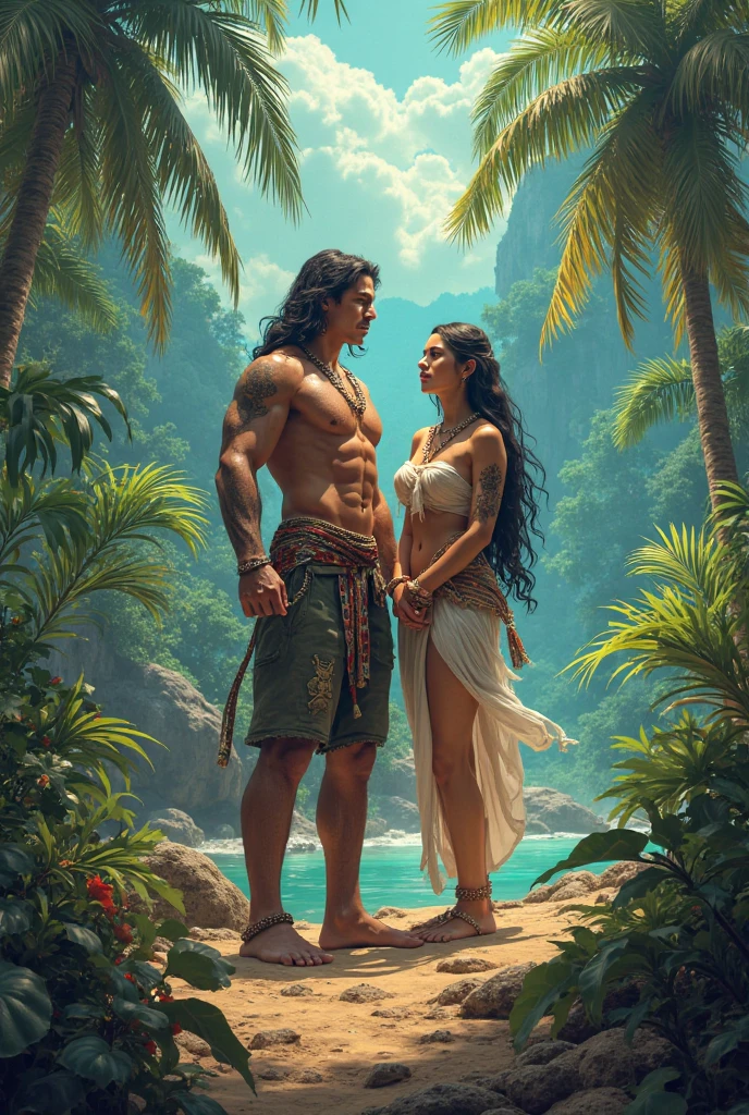 Couple, Salma Hayek, youthful, beautiful, completely naked, large breasts, naked boobs visible, smiling, on a mountain , and man, Tarzan, handsome , black hair, robust, holding her butt from behind, upper body view , head to knee, front view, breasts visible, daylight, realistic, shade lights, high resolution, by Louis Royo, by Boris Vallejo, by Frank Frazetta