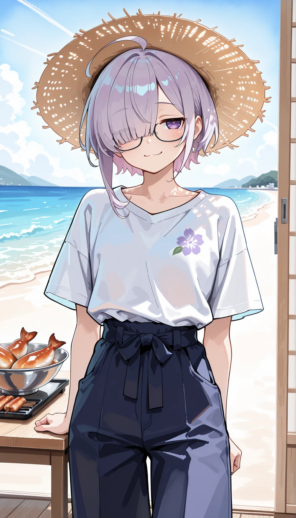 ( masterpiece , best quality , high quality ,8k,)  ( watercolor style illustration, :1.3) solo  (beautiful-young-woman:1.4)  knight = = △  muscular  (gsilver-short-bob-hair1.4)    (hair over one  eye, bangs, long bangs, :1.4) straw-hat  (red-yukata:1.4 (shirts:1.4) swimming-suit half-pants  round-glasses  purple-eyes (jitome:1.3) ahoge sleepy smile beach  food-stall Grilled squid dish table high-fantasy-style dynamic-angle 