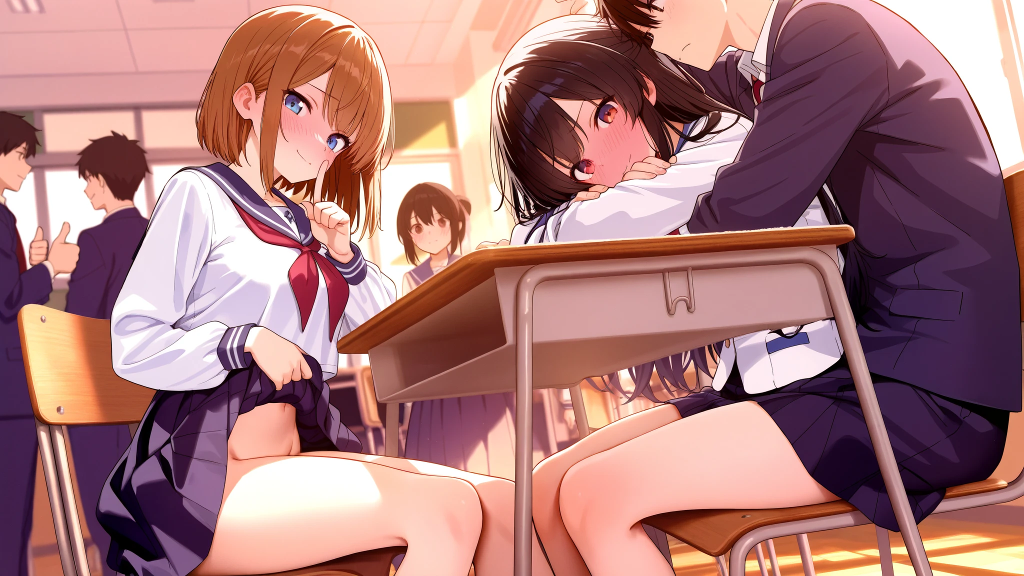 ((masterpiece, highest quality, High resolution, 超High resolution, Perfect Pixel, Depth of written boundary, 4K, RTTX 10.0, High resolution))), (Two adult women:1.3), Beautiful Anime Woman, Beautiful art style, Anime characters, ((Long Hair, bangs, Dark brown hair, ponytail, Twin tails, Bobcut)), ((Beautiful eyelashes)), ((Detailed face, blushする:1.2)), ((Smooth texture, Realistic texture, Anime CG Style)), Perfect body, Slender body, Exact finger count、Exact number of legs、Exact number of arms, (blush:1), (Two women stand side by side with their hands in their panties:1.2), ((Fashionable white shirt, Sailor collar, mini skirt, Knee-high socks, loafers: 1.2)), Realistic, (Slender body:1.1), highest quality, High resolution, 非常にDetailed face, Perfect lighting, Extremely detailed CG, (Perfect hands, Perfect Anatomy), Embarrassed expression, (School classroom:1.3), Morning sun-like lighting, whole body, ((Stylish and sexy shiny satin panties, Stylish lace side-tie panties, White panties, Pink Panties, Light blue panties:1.2)), Angle from the front、(Beautiful and thin thighs:1.1), ((Put your hands in your panties:1.8),(fingering:1.3)), The expression of someone who is holding in the toilet, (sexual pleasure expression:1.3), Mouth half open, Look up
