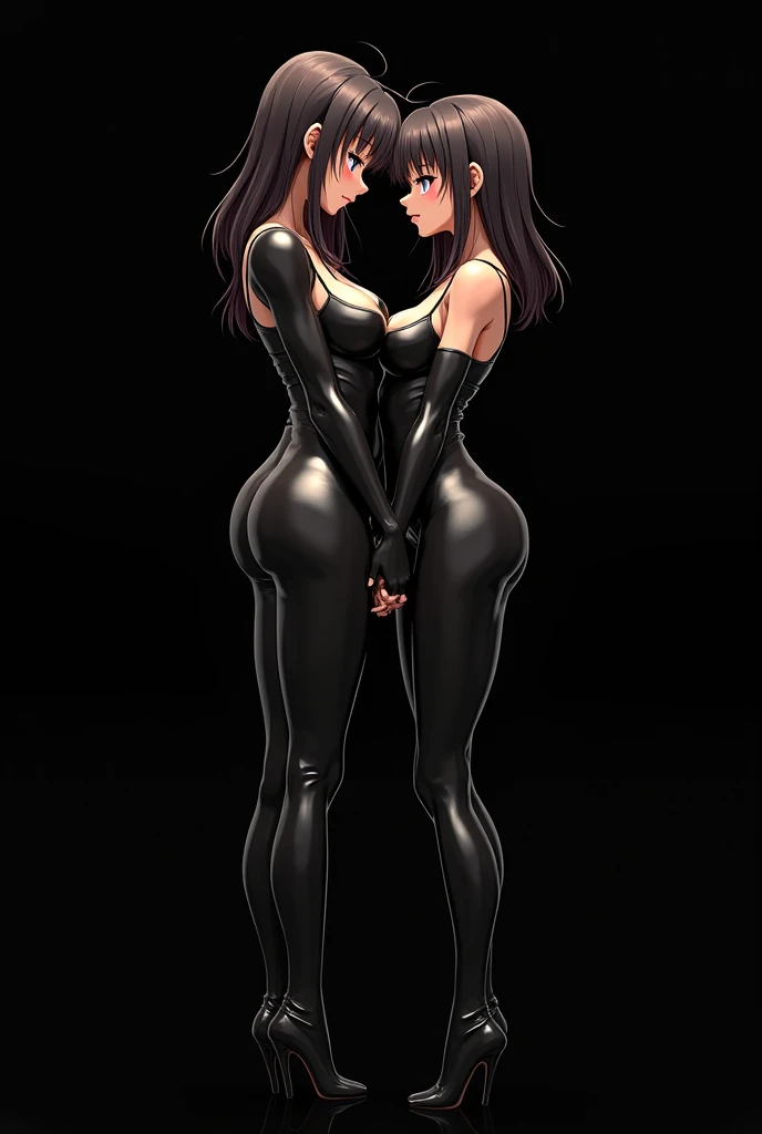 (((best quality))), (((masterpiece))), super fine photo, full body picture Unreal Engine 5 8K UHD of a couple female, wearing black latex catsuit, latex collar, latex gloves, latex boots, cuddling, unified 8k wallpaper, hyper detailed, sharp focus,