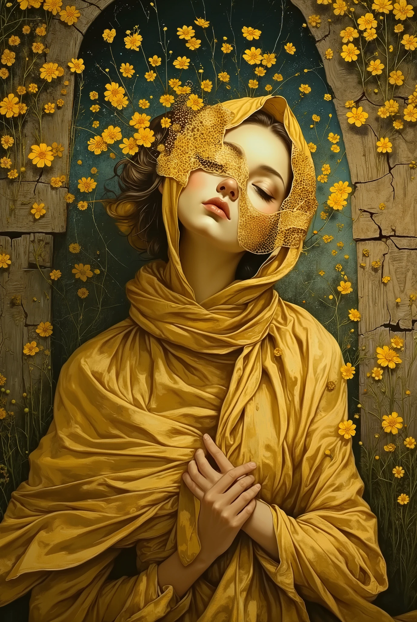 VibrantlySharp style,
animeniji,
3pic_vist4, In baroque oil painting, a mysterious woman with a honeycomb veil melting over her eyes, gazing slightly upward with serene detachment, head tilted, wrapped in flowing golden cloth, set against a cracked wooden wall overrun by blooming yellow wildflowers and golden sap streams.