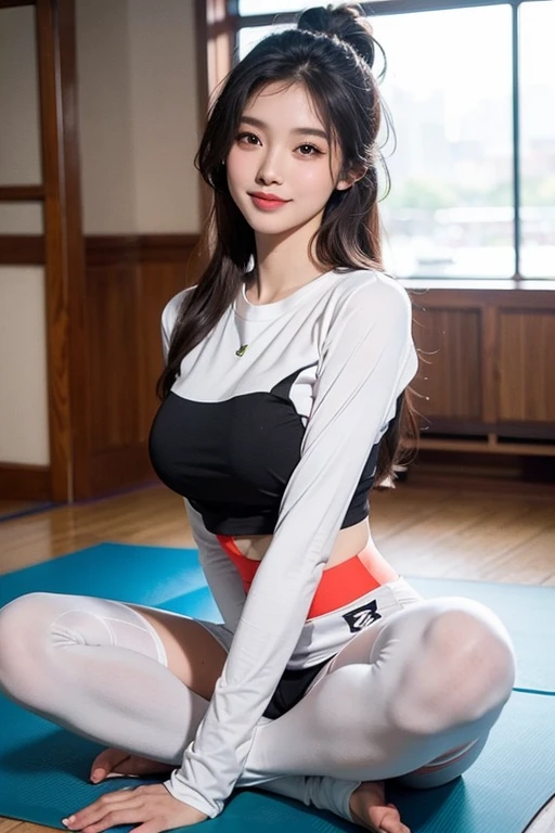 ((highest quality, 32k)), ((masterpiece)), (Get used to it), Perfect Face, Fox Girl, Beautiful woman, public, Has a tail, She has a fox tail, She wags her fluffy tail, smile, Dog collar, she is wearing gym clothes, Beautiful hip line, A tail sticks out from the gym suit, Large Breasts, Get on all fours