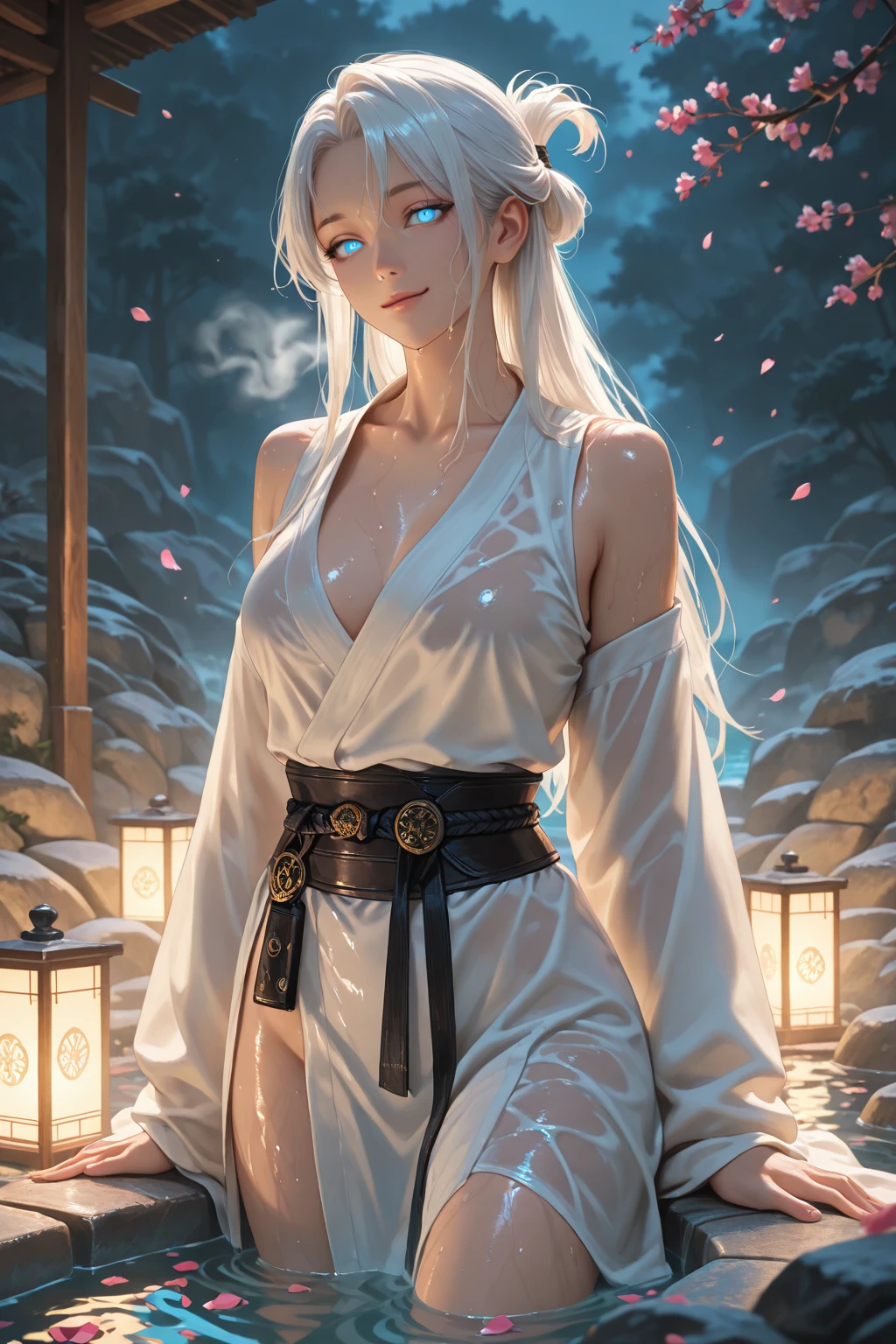 Tia is shown to have a fairly slender figure. She has white-grey hair , she has short hair and large pale green eyes, The girl enjoys the wonderful view of the waterfall and the surrounding landscape, and this can reflect on her face different expressions such as amazement, joy or peace. You may wear clothing that matches the surrounding nature, such as comfortable sportswear or a colorful traditional outfit. The girl may be standing conservatively at the edge of the waterfall, with the wind-blown stream of water hitting her face. They may be holding on to something to give them stability on the wet ground. The natural details around it can also be surprising, such as the green plants, rocks and flowers that surround the place. For the situation, the environment may be full of light and bright colors, making the picture look realistic and beautiful. The raging waterfall and the spray flying in the air give the scene an atmosphere of liveliness and movement, and there may be a rainbow in the background that adds to the beauty of the scene., cleavage exposed, big breasts, superior quality, many details, Puri focus Sharp and realistic,detailed face, detailed hands, detailed eys, arabian style
